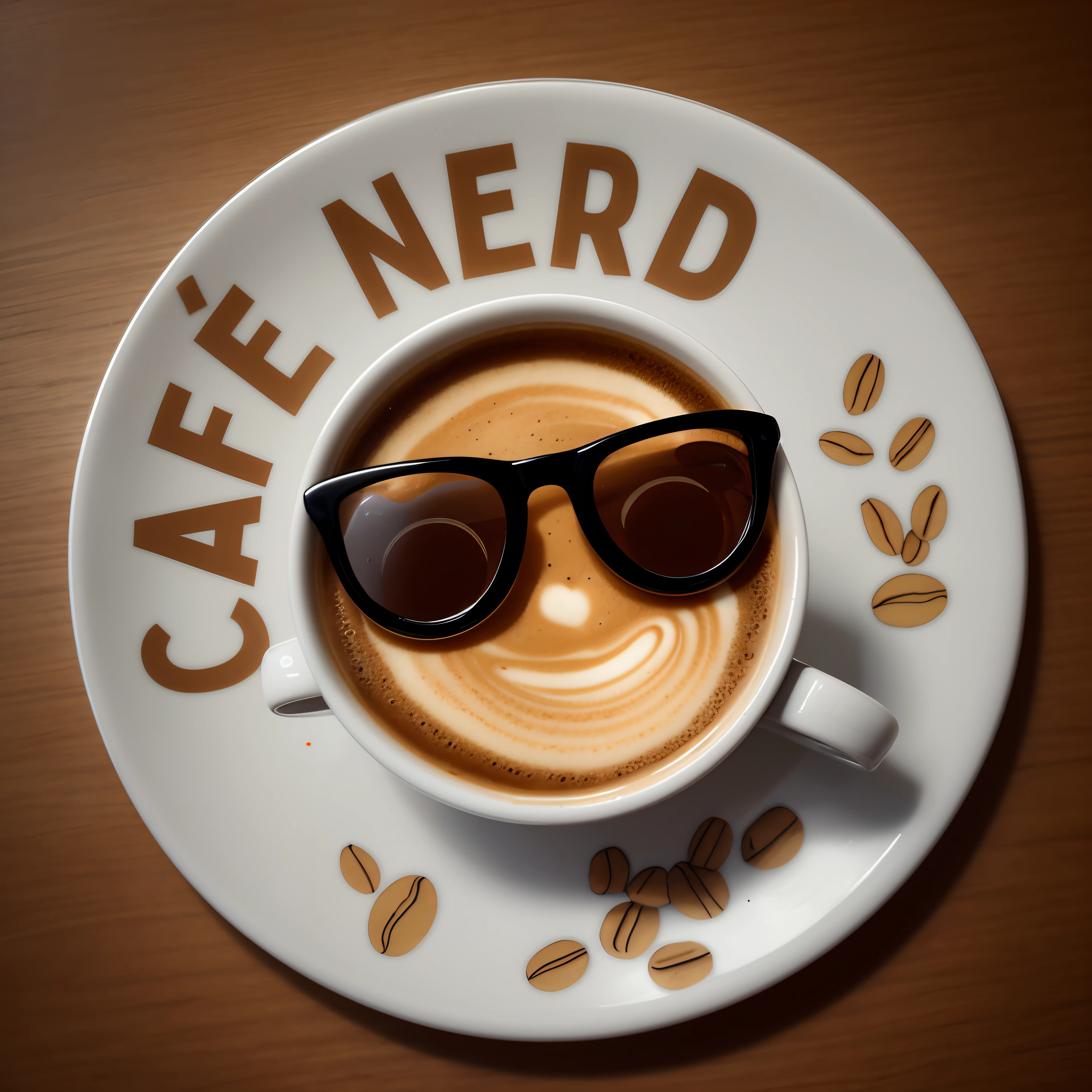 a closeup of a plate with a cup of coffee and beans, emoji nerd, nerd, black nerd glasses, Typical cryptocurrency nerd, Nerds, muito nerd, nerd computador, nerdy appearance, nerd, inspirado em Caro Niederer, coffee shop, bonito ligeiramente nerd sorriso, android coffee shop, com nerd! glasses! e cavanhaque, logo arttype, library nerd glasses, Logo, Logo, graos de cafe marrom, pires de porcelana, Iluminacao de estudio.