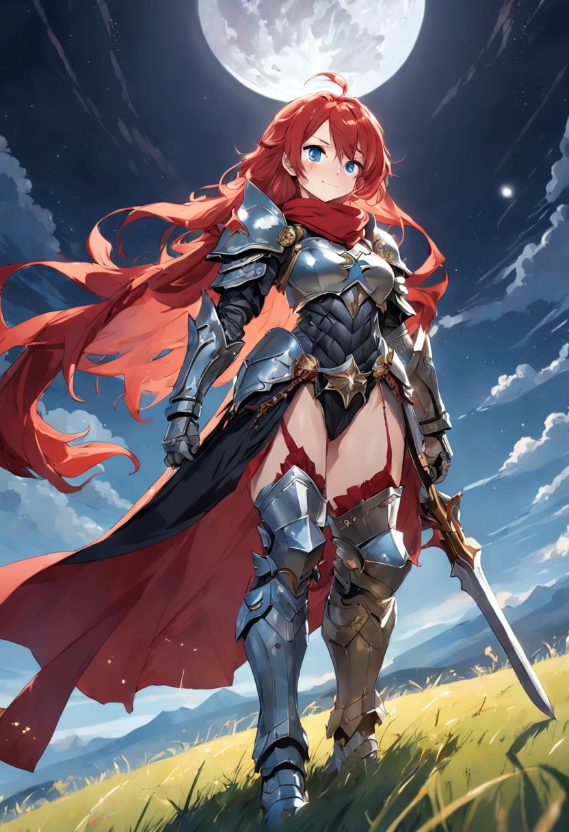 A beautiful woman, (from below: 1.3), (perspective: 1.2), looking at the audience, full body, full body photo, very huge breasts, (( grassland background)), (( fantasy theme)), (( full body armor, lower body armor, boot armor)), smile, ((holding a weapon)) , big ass, red color hair, wavely hairstyle, ((Highest quality)), ((outstanding detail)), ((super high resolution: 3.5)), (fidelity: 1.4), ((best illustration, favor details, perfect detail rendering, ultra HD, masterpiece, ultra high res)), (photorealistic:1.5), raw photo, perfect brightness and darkness, light ray, perfect balance, smooth color transition, perfect body figure, full body frame, shining light, red and black color armor, aura, cloak, Full detail armor design, crown, blue eyes, mature, age 39, perfect color layer, pose, domineering, red scarf, royalty, majestic, night, empress, moon, star, moonlight, starlight, starry sky