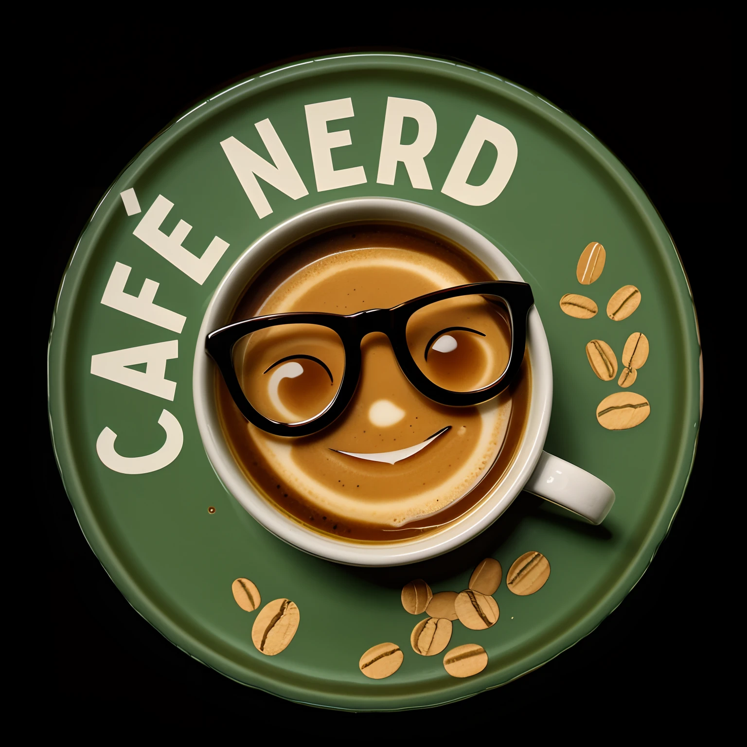 a closeup of a plate with a cup of coffee and beans, emoji nerd, nerd, Typical cryptocurrency nerd, Nerds, muito nerd, nerd computador, nerdy appearance, nerd, inspirado em Caro Niederer, coffee shop, bonito ligeiramente nerd sorriso, android coffee shop, com nerd! glasses! e cavanhaque, logo arttype, library nerd glasses, Logo, Logo