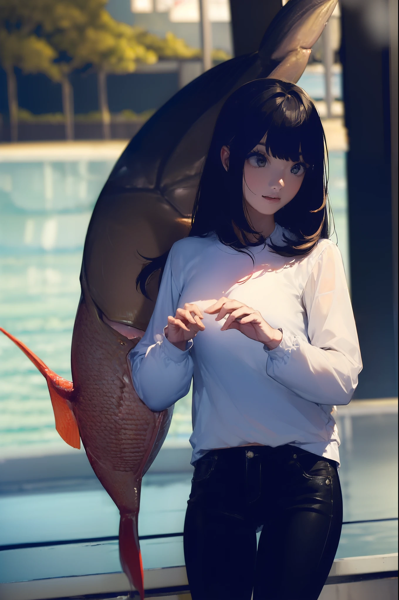 ((((Catching a big fish by the lakeside:1.5)))),((Female 28 years old)),((Best Quality:1.5)),(((Hands with the correct number and structure of fingers:1.4))),((Big fish:1.37)),hight resolution,ultra-detailliert,masterpiece,best qualtiy,(Eight-headed body),Black hair, long eyes-lashes, Solid Circle Eyes, drop shadow, Atmospheric perspective,Super Detail, ccurate, small brest,(Black jacket and black jeans :1.1),top-quality, blurry backround, bokeh dof:1.2, (masterpiece:1.3), Atmospheric perspective,Super Detail,dynamic compositions,