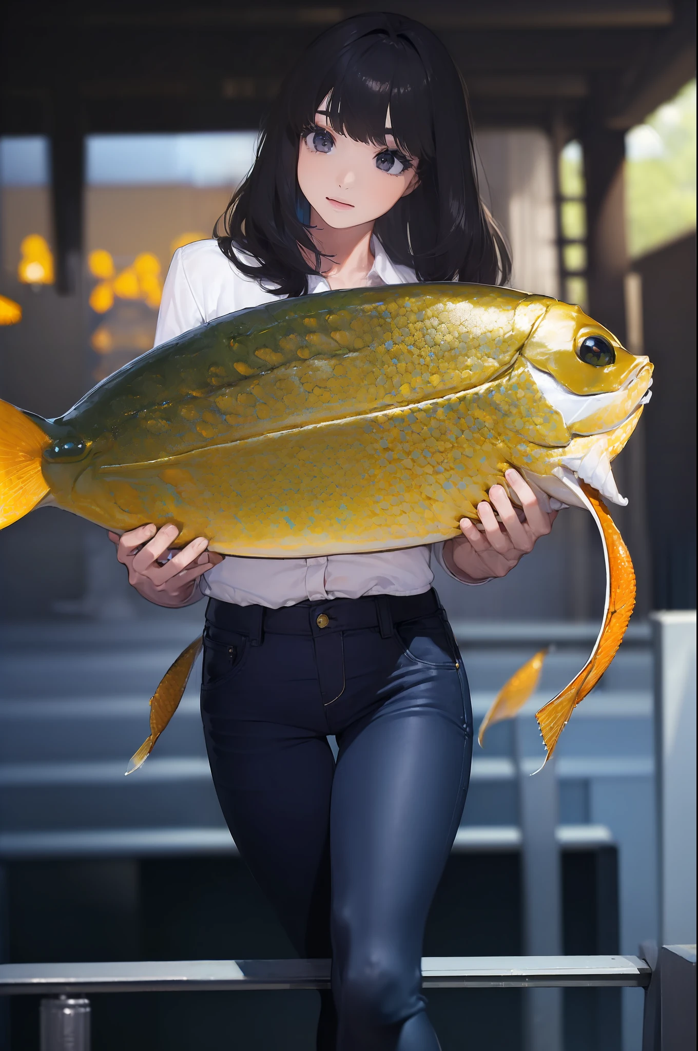 ((((Catching a big fish by the lakeside:1.5)))),((Female 28 years old)),((Best Quality:1.5)),(((Hands with the correct number and structure of fingers:1.4))),((Big fish:1.37)),hight resolution,ultra-detailliert,masterpiece,best qualtiy,(Eight-headed body),Black hair, long eyes-lashes, Solid Circle Eyes, drop shadow, Atmospheric perspective,Super Detail, ccurate, small brest,(Black jacket and black jeans :1.1),top-quality, blurry backround, bokeh dof:1.2, (masterpiece:1.3), Atmospheric perspective,Super Detail,dynamic compositions,