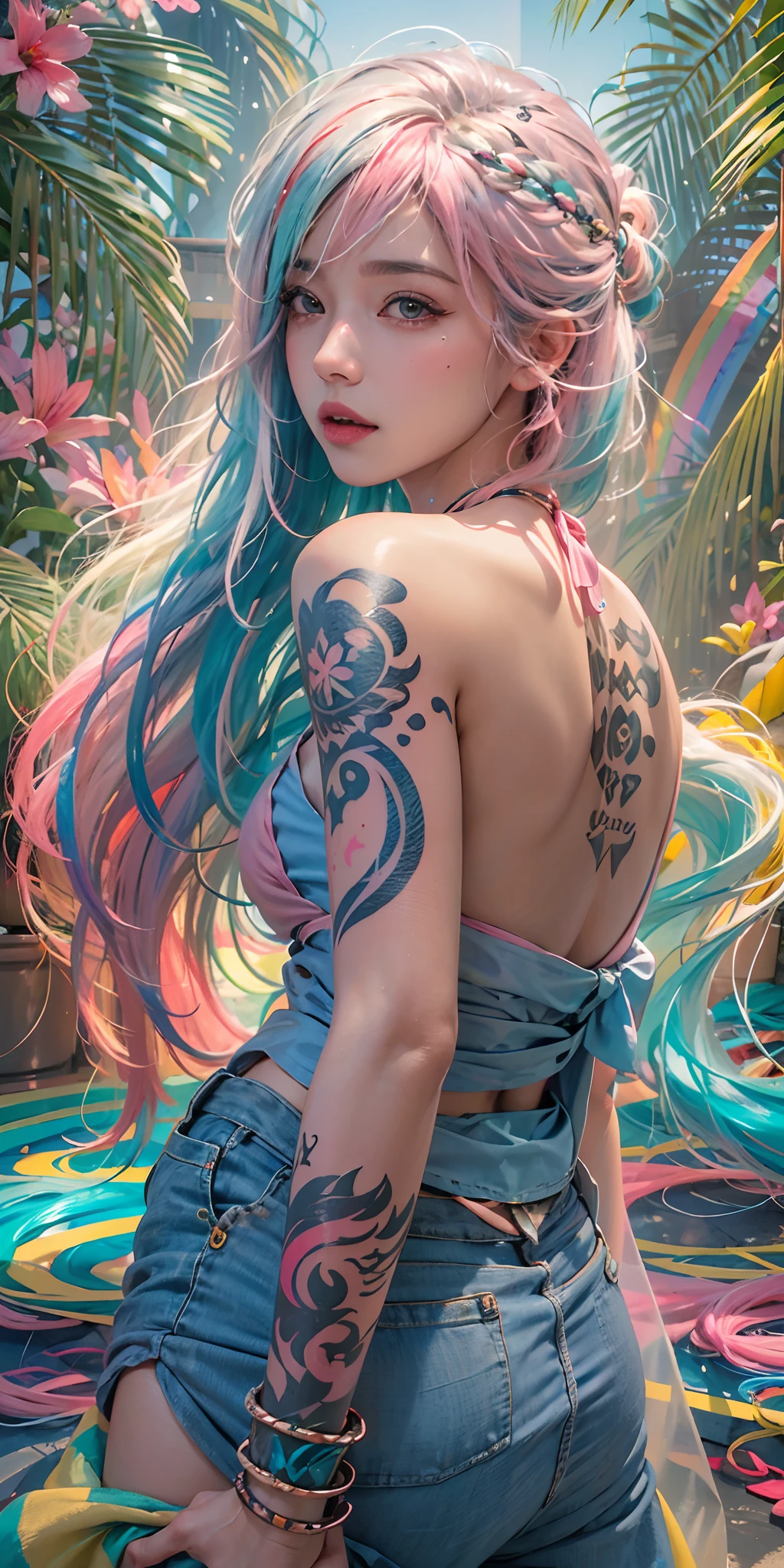 ((highest quality)),(ultra high resolution),(Super detailed),(detailed description),((best CG)),(best work of art),super precision art,great drawing art,(Art with precise details:1.5), (1 noblewoman:1.6),beautiful and well-shaped face:1.5,light makeup:1.6,(Colorful backless dress with intricate details:1.8),coiffed hair:1.6, old castle balcony:1.5,sunset sky:1.5