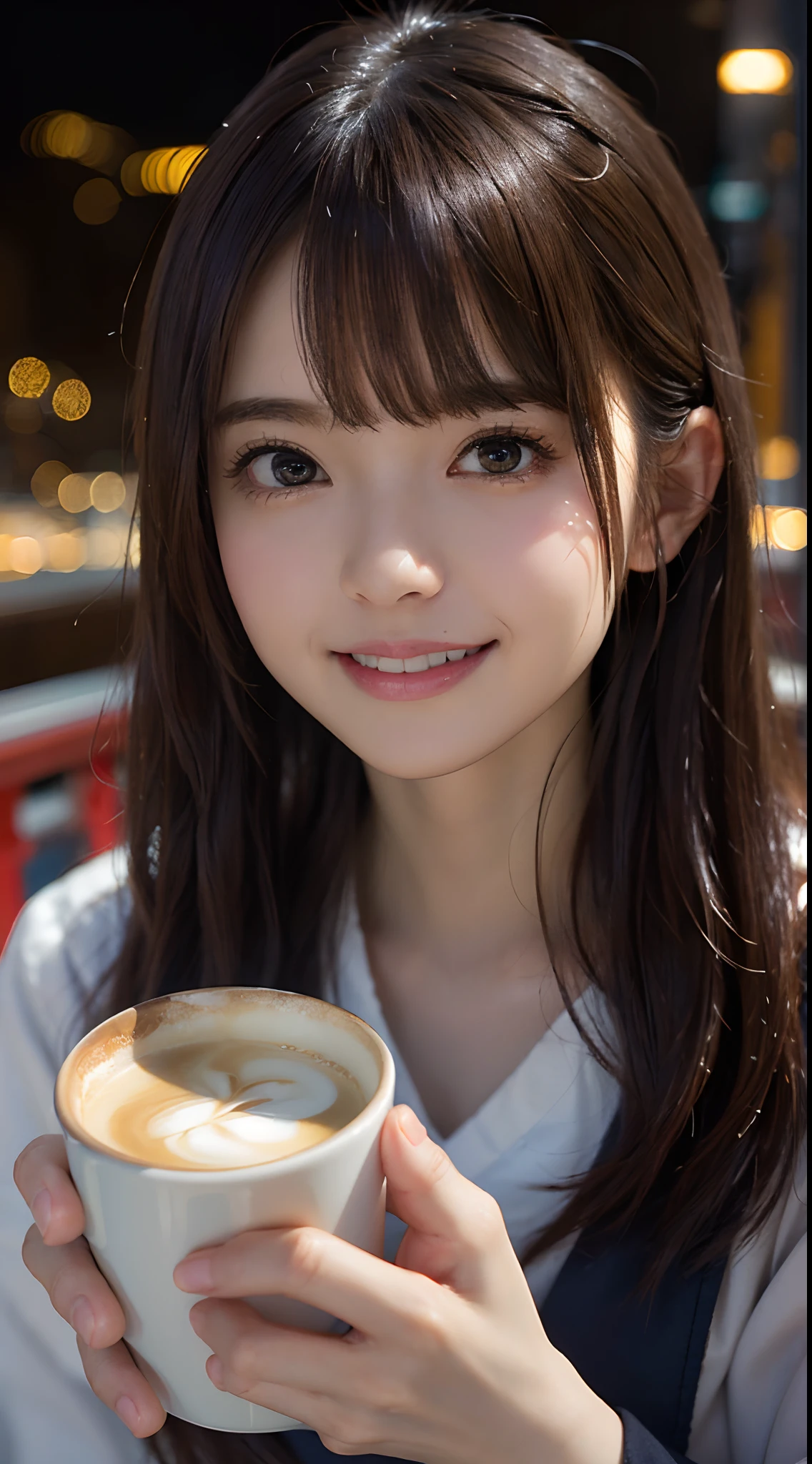 (8k, RAW photo, best quality, masterpiece:1.2), (realistic, photo-realistic:1.37), ultra-detailed, depth of field, 1 girl,cute, solo,beautiful detailed sky, detailed cafe, morning, sitting, dating, (nose blush), (smile:1.1), (closed mouth), medium breasts, beautiful detailed eyes, (collared shirt:1.1), bowtie, pleated skirt, (short hair:1.2), floating hair