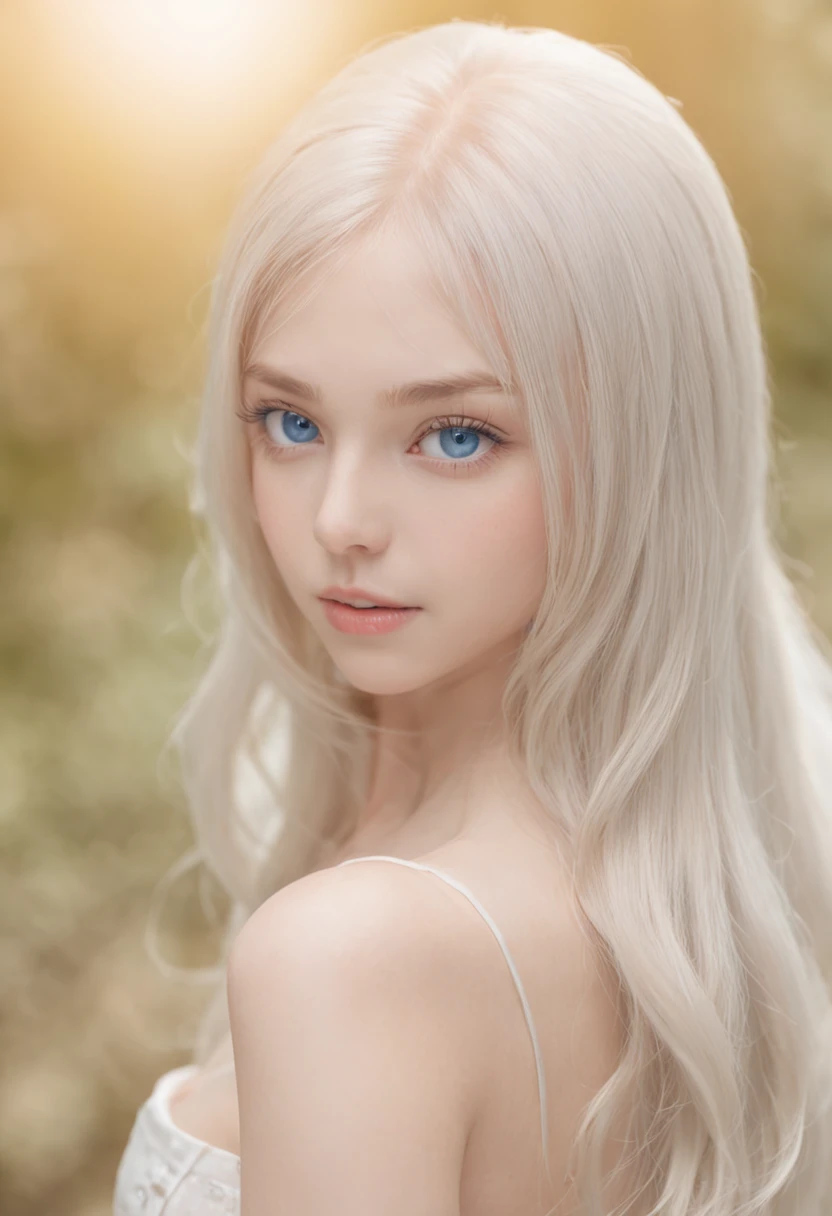 Crystalline big blue eyes、Platinum blonde hair、Super long and straight hair、Silky hair、Bangs between the eyes、Fully naked、Beautiful, young and shiny skin、Sexy and very beautiful appearance、Beautiful and cute face、Very beautiful , good girl with style、Slightly larger breasts, full body, pubic hair, very cute