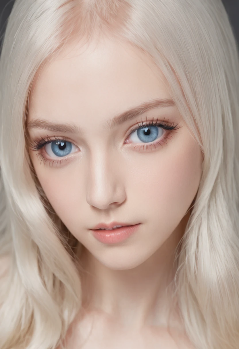 Crystalline big blue eyes、Platinum blonde hair、Super long and straight hair、Silky hair、Bangs between the eyes、Fully naked、Beautiful, young and shiny skin、Sexy and very beautiful appearance、Beautiful and cute face、Very beautiful 14 years old, good girl with style、Slightly larger breasts, full body, pubic hair, very cute