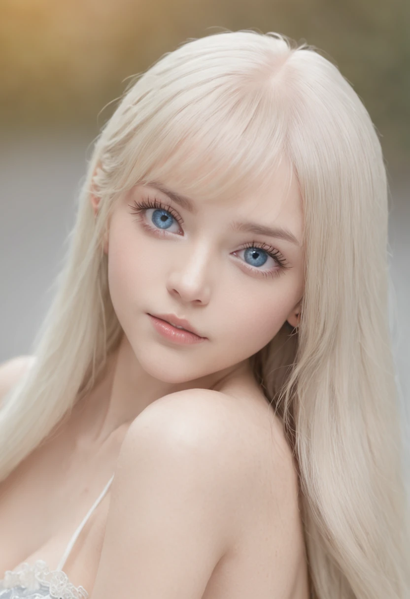 Crystalline big blue eyes、Platinum blonde hair、Super long and straight hair、Silky hair、Bangs between the eyes、Fully naked、Beautiful, young and shiny skin、Sexy and very beautiful appearance、Beautiful and cute face、Very beautiful , good girl with style、Slightly larger breasts, full body, pubic hair, very cute