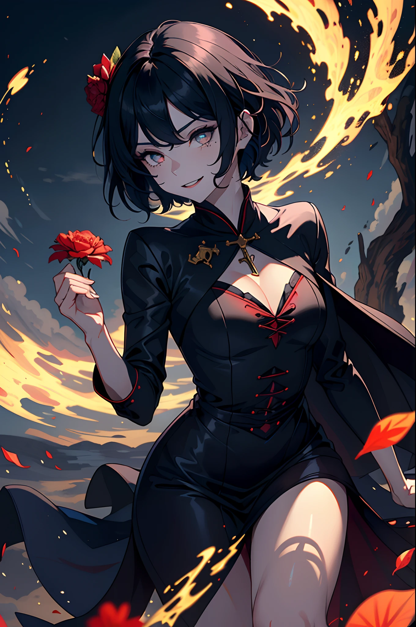 (Obras: 1.2, melhor qualidade), (best ilumination, muito delicado e bonito), (best ilumination, muito delicado e bonito), (rosto bonito e detalhado), (Olhos detalhados e rostos detalhados: 1.2), fantasia sombria, Vampiros, (Rapariga, Besta Pequena, 1girl, sozinho, sorriso louco, pale skin, short black hair with a red flower on the side of the head, vestido elegante preto com rendas, detalhado, olhos vermelhos brilhantes, Dynamic angles, dinamic poses, Vampiros, Soquete Vampiro), Coming out of a black coffin, grande colar de cruz de prata, (profundidade de campo), Alto contraste, (respingos de sangue: 1.4), cowboy shot, corpo inteiro,