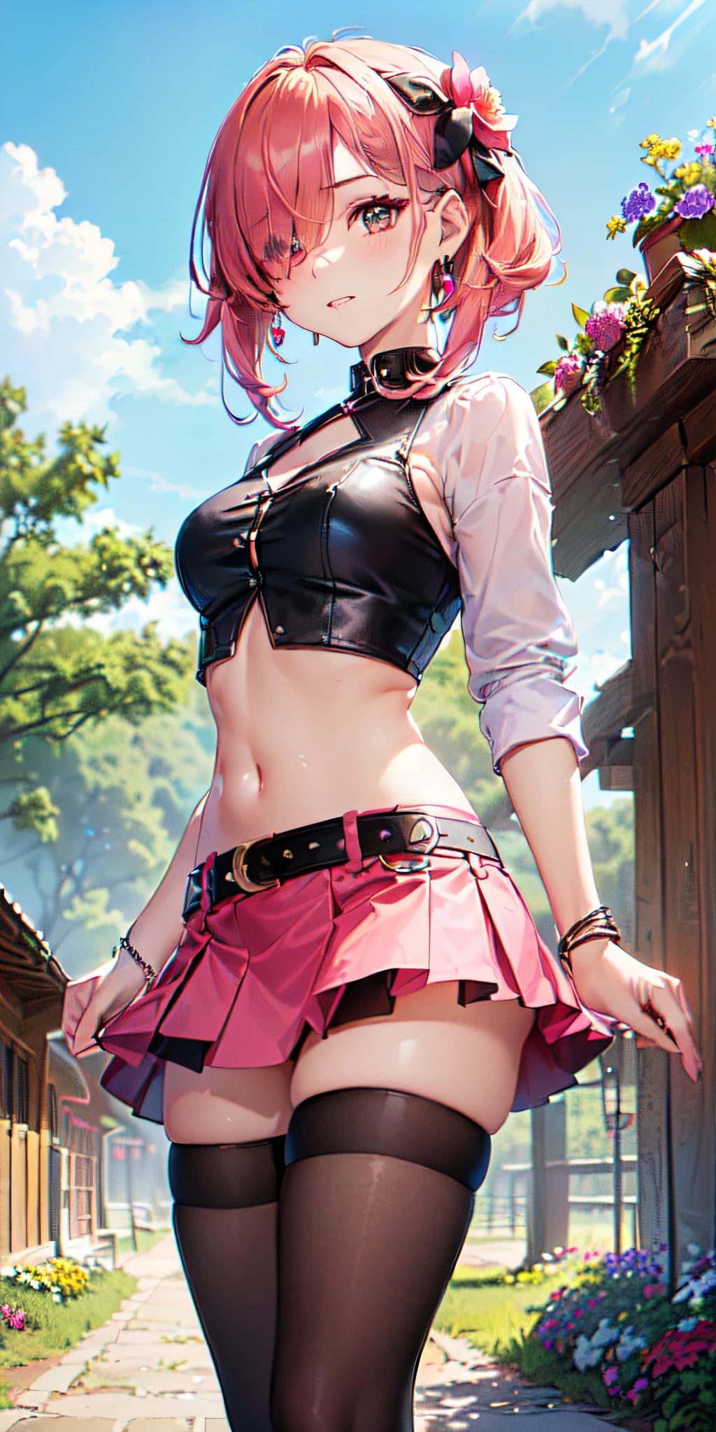 (((obra maestra, mejor calidad, highres, hmeliza, 1girl, hair over one eye, jewelry, single thighhigh, midriff, black skirt, asymmetrical legwear, pink shirt, black thighhighs, belt, miniskirt, standing, cowboy shot, outdoors, filed, flower )))