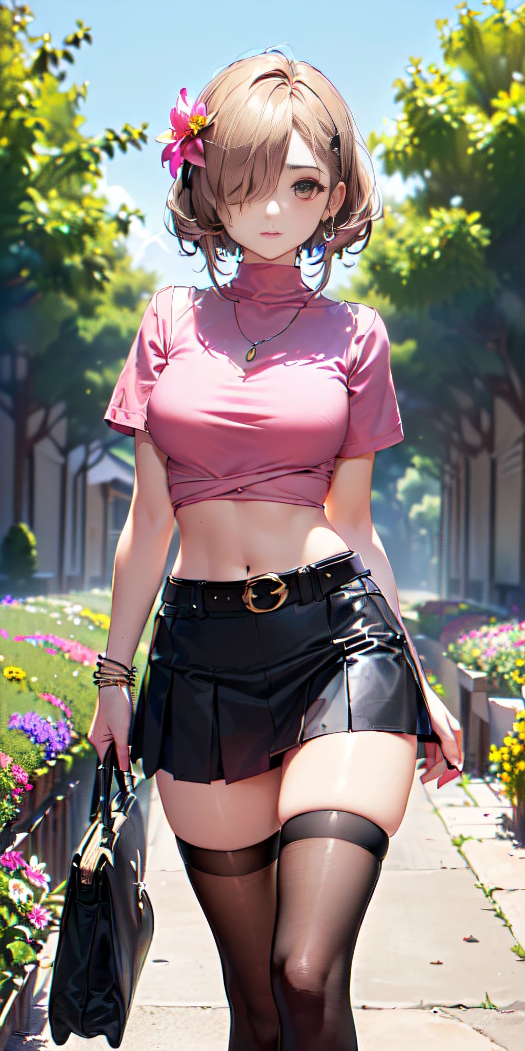 (((obra maestra, mejor calidad, highres, hmeliza, 1girl, hair over one eye, jewelry, single thighhigh, midriff, black skirt, asymmetrical legwear, pink shirt, black thighhighs, belt, miniskirt, standing, cowboy shot, outdoors, filed, flower )))