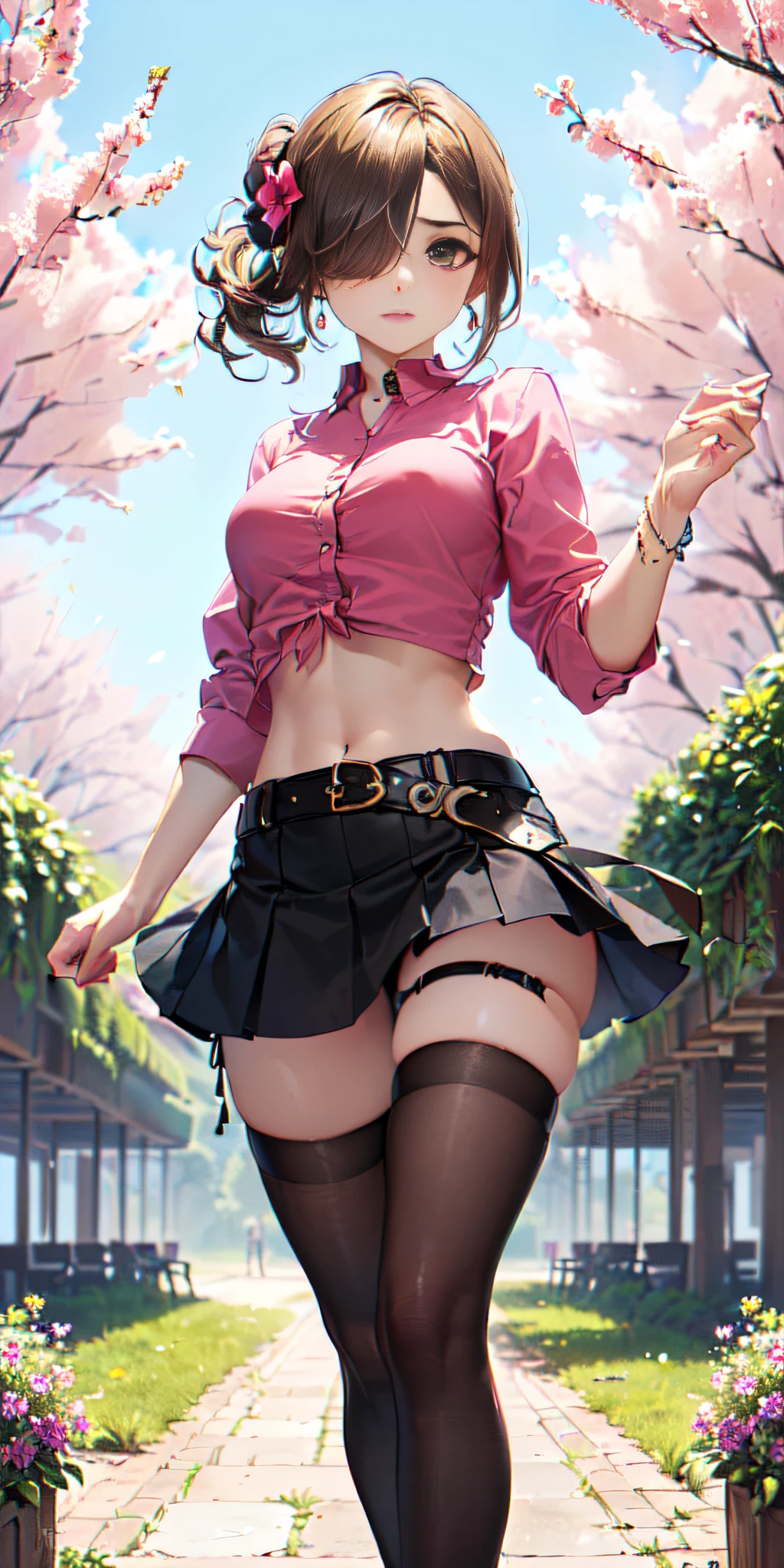 (((obra maestra, mejor calidad, highres, hmeliza, 1girl, hair over one eye, jewelry, single thighhigh, midriff, black skirt, asymmetrical legwear, pink shirt, black thighhighs, belt, miniskirt, standing, cowboy shot, outdoors, filed, flower )))