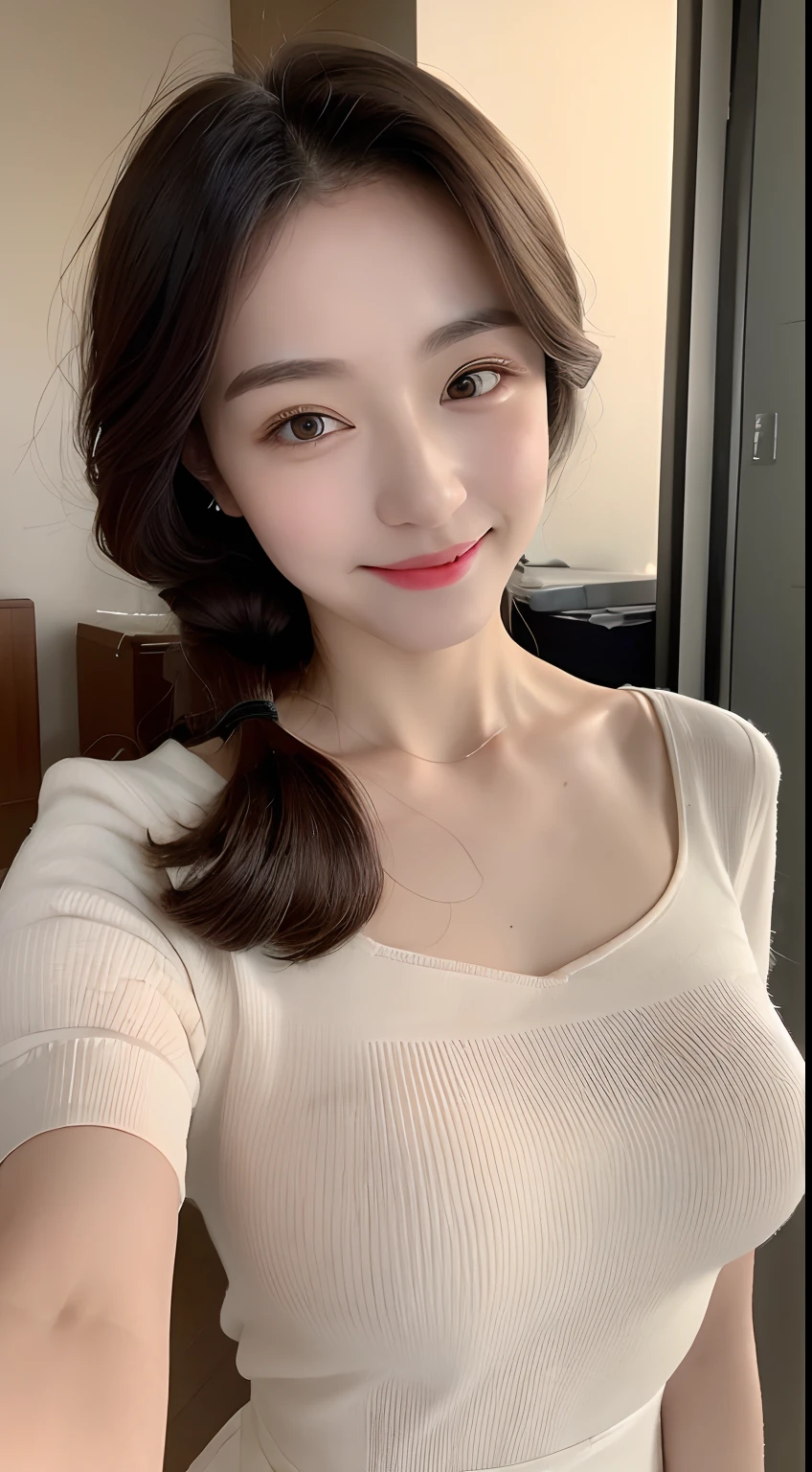 ((Best Quality, 8K, Masterpiece: 1.3)), 1girl, Slim Abs Beauty: 1.3, (Hairstyle Casual, Big Breasts: 1.2), Dress: 1.1, Super Fine Face, Delicate Eyes, Double Eyelids, Smile, Home