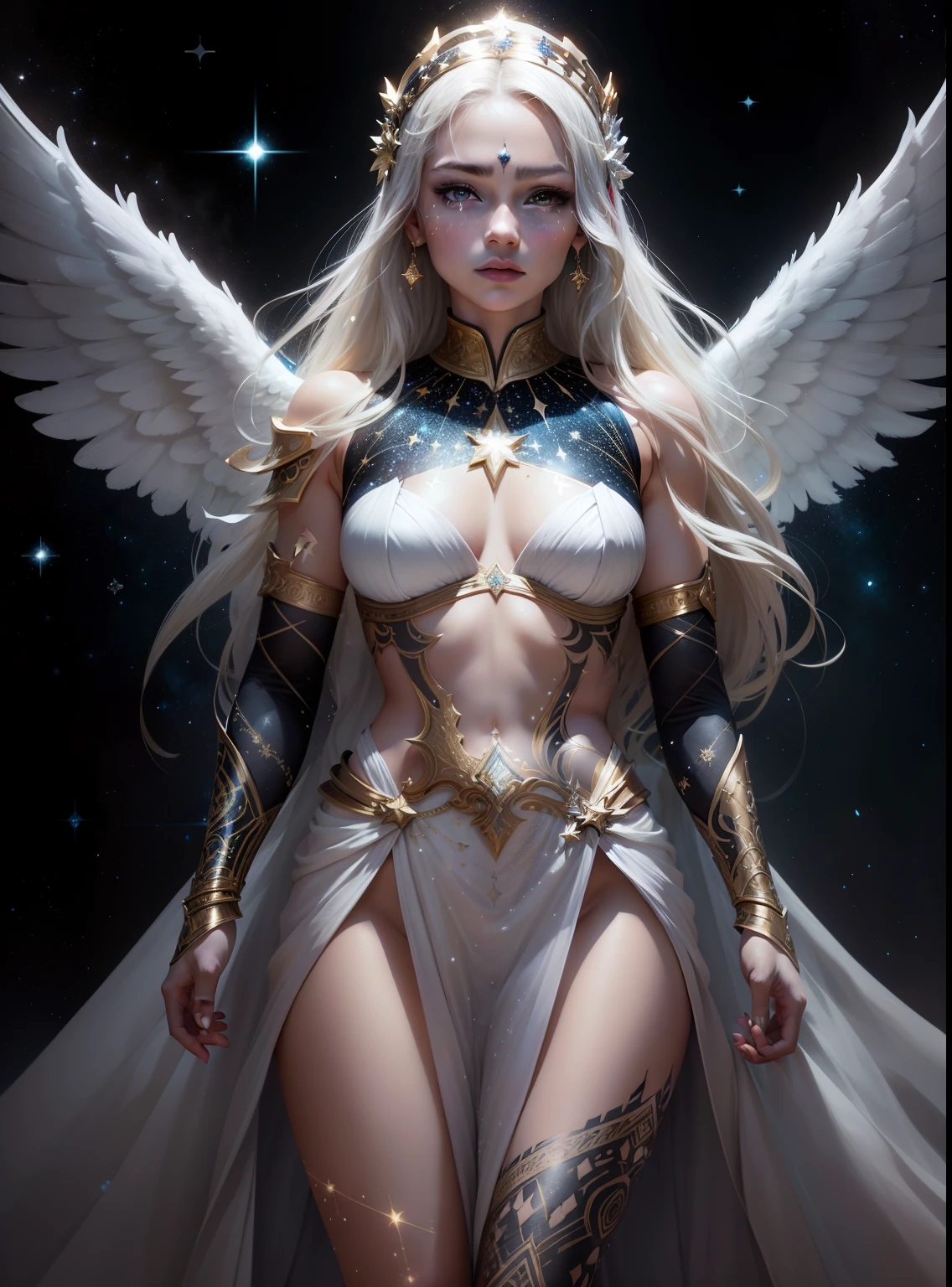 Bold spangled graphic illustration, glowing constellation tattoos, light fantasy, warrior garments, white gold lights, dreams, starry night, splash art, photo, 8k, shot on camera Canon 1DX, 50 mm f/2.8 lens, raw, magnificent messenger angel, huge white and gold wings, modest clothing, masculine armor, glowing constellation tattoos across her skin and face, deadly, fully clothed, short straight blonde hair, flowing ornate white gold gown, glowing tattoos, constellations, caring expression, fully clothed, empress, warrior, bokeh in the style of da Vinci.
