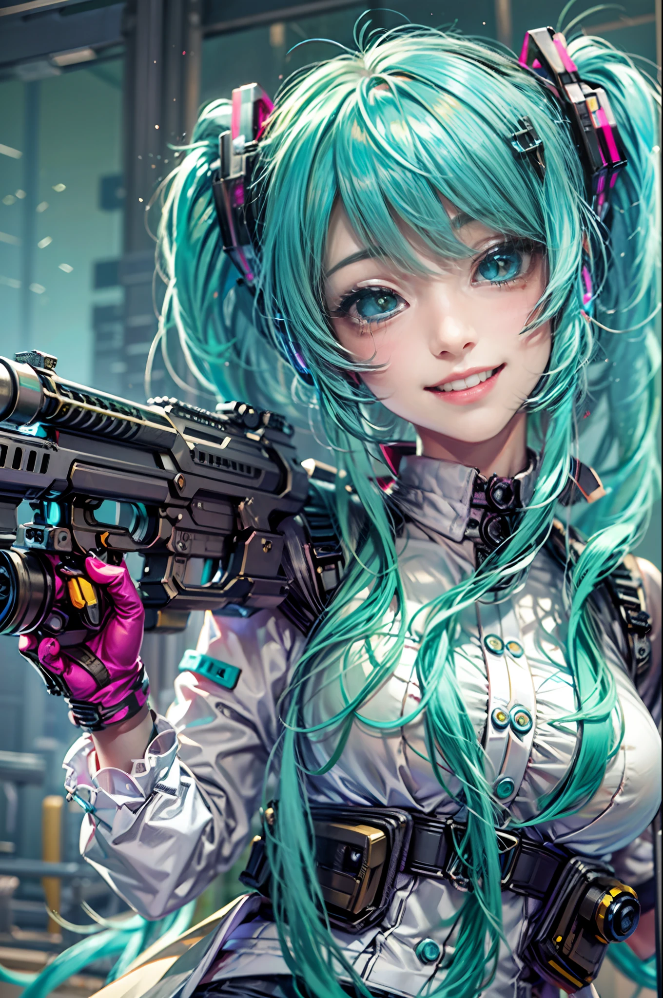 Photorealsitic, hight resolution, 1 rapariga, Korea person, Heterochromia eyes, small moles under eyes,(tmasterpiece), (top-quality), realisticlying, ciinematic light, ((Smiling Hatsune Miku with a machine gun)), Posing with sexual overtones, Battlefield Background, the perfect body, Green eyes, Green hair、Blunt bangs