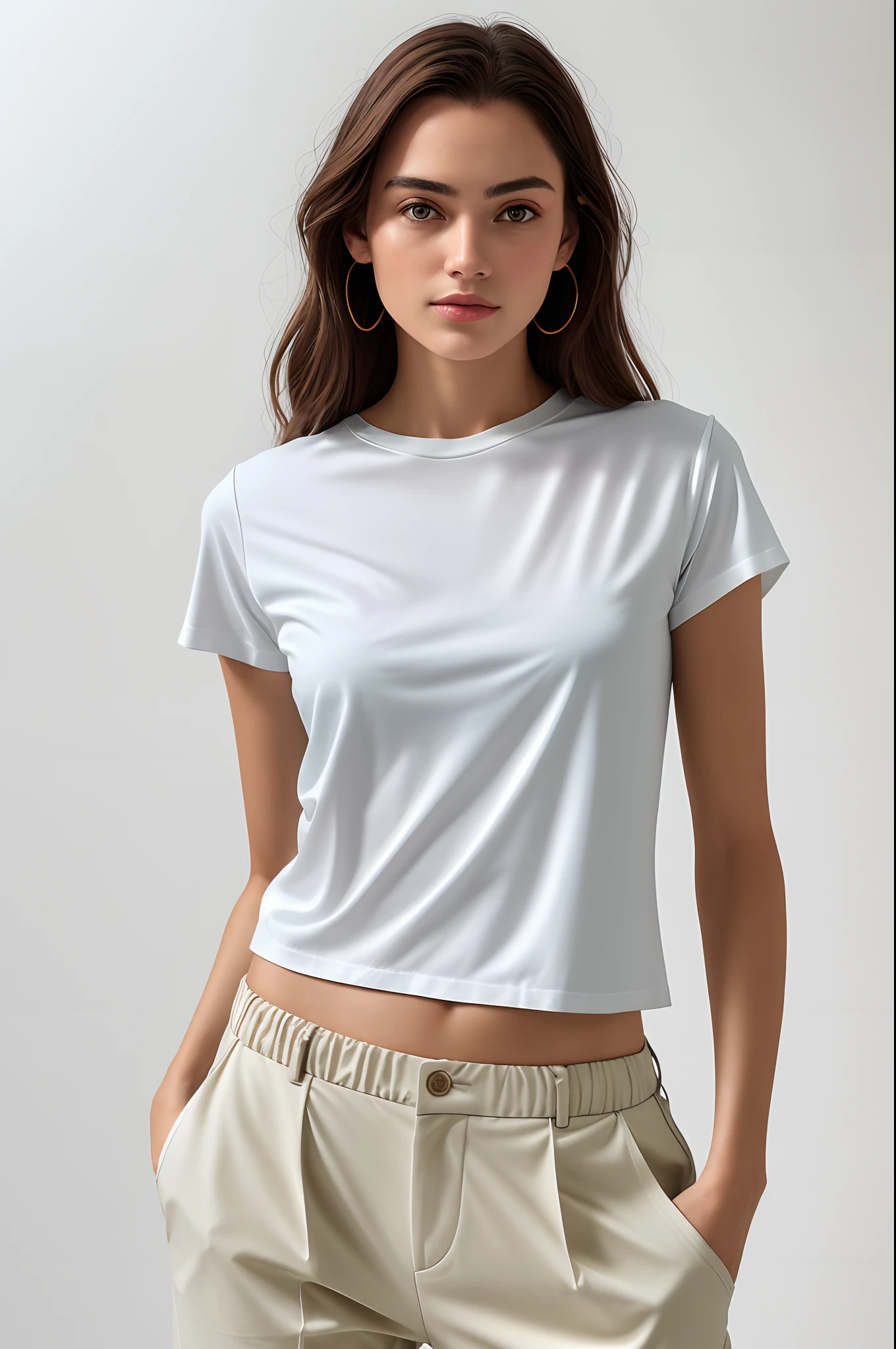 Woman in white shirt and beige pants posing for photo, camisa apertada, vestindo camisa apertada, tampo branco, usando roupas simples e apertadas, camiseta branca, camisa cinza, camiseta branca, camiseta branca, pele bronzeada uma camiseta e shorts, tshirt azul apertada, roupas casuais, Camiseta Branca Lisa, terno liso branco apertado roupas terno, mangas curtas fotografia realista, fotografia, obra-prima, realista, Realismo, renderizado, Alto contraste, Arte Digital, fotográficorealista, trend in Artstation 8k HD, high definiton, circunstanciado, Realistic, detalhada, textura da pele, hiperdetalhada, Textura realista da pele, melhor qualidade, ultra high-resolution, (fotografia realista: 1.4), alta resolução, detalhada, fotografia crua, sharp resolution, Nikon D850 filmes, fotografia de stock 4, Kodak Portra 400 Camera F1 Lens.6, textura hiper realista, lighting dramatic, Unrealistic trend in Artstation Cinestill 800, .RAW.