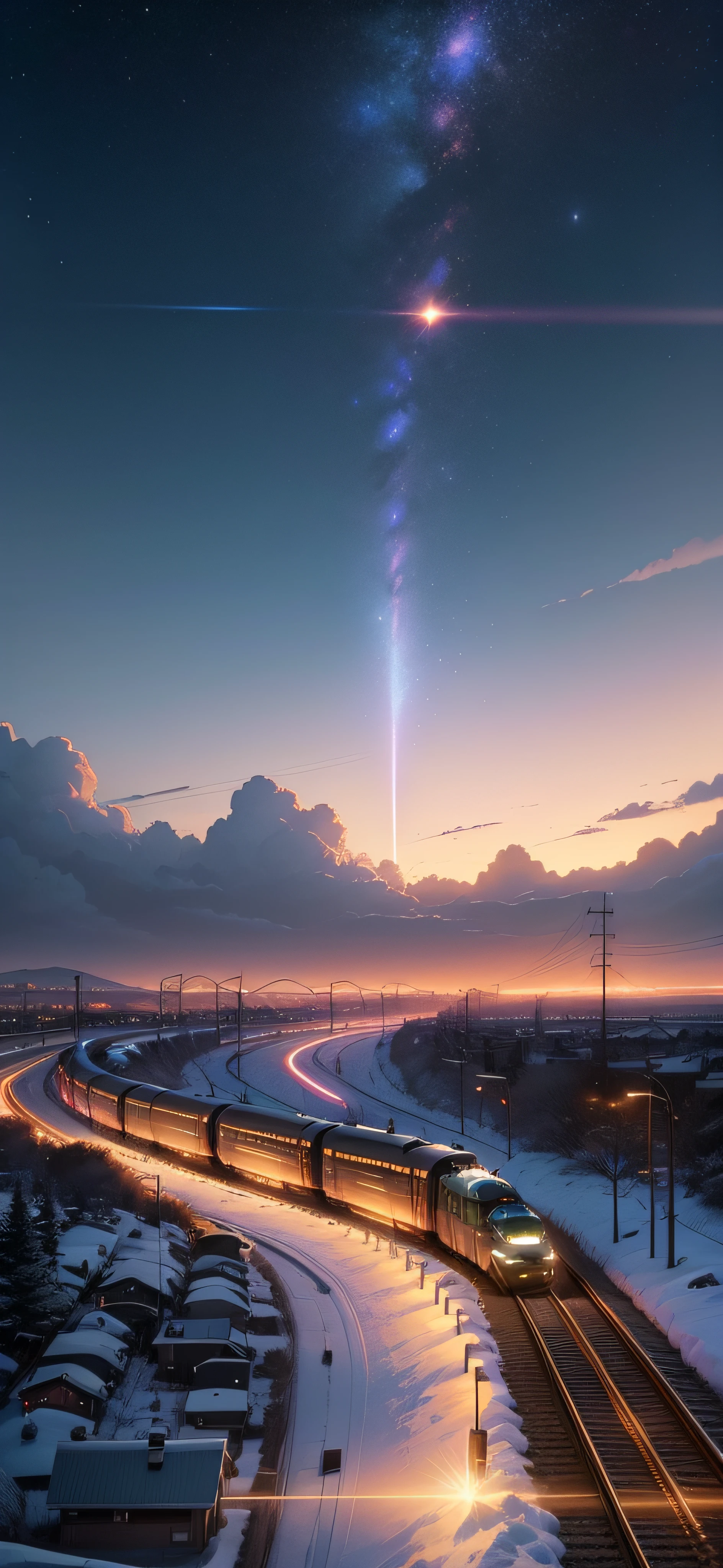 There is a train running along the tracks in the snow, Makoto Shinkai's concept art, tumblr, magic realism, beautiful anime scenes, cosmic sky. by makoto shinkai, ( ( makoto shinkai ) ), anime background art, anime backgrounds, Makoto Shinkai's style, anime movie backgrounds, galaxy express, no humans.