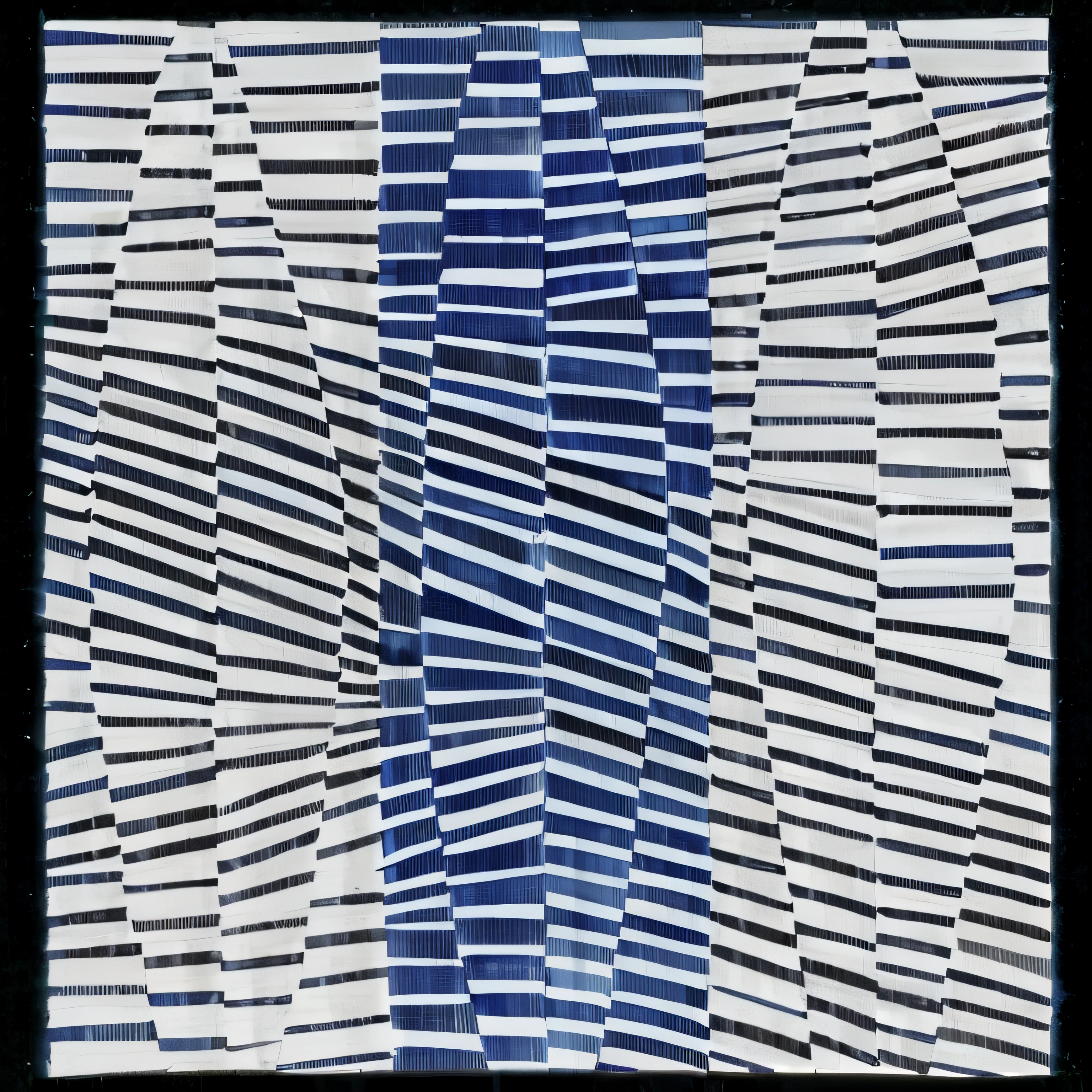 a close up of a blue and white striped piece of art, thick blue lines, dazzle camouflage, reaction diffusion linocut, by Sarah Morris, dazzle camouflage!, inspired by František Kupka, dazzle camouflage!!, op art, inspired by Yaacov Agam, geometric abstraction, gouache on canvas, inspired by Victor Vasarely