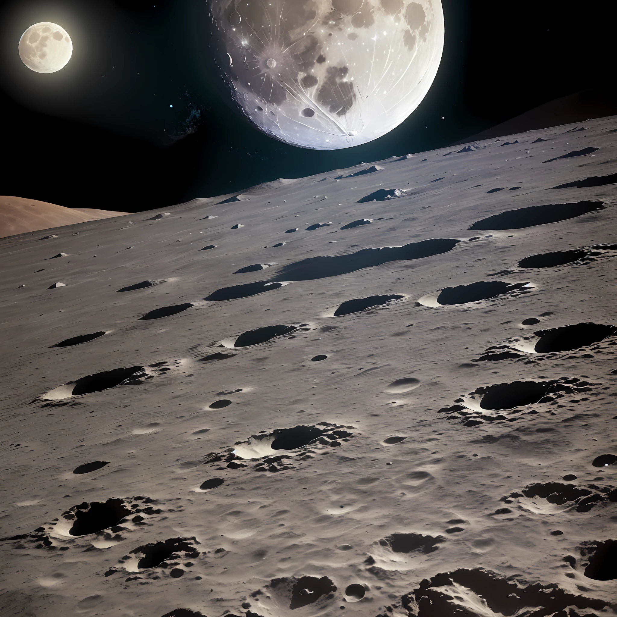 View of the Arafede Moon with satellite moon image, moon surface background, moon surface, Lunar crater, large detailed moon, focus on the moon, lunar backdrop, on the surface of the moon, lunar backdrop, themoon, The Moon orbits other moons, the moon in the background, craters, the moon in the background, large moon