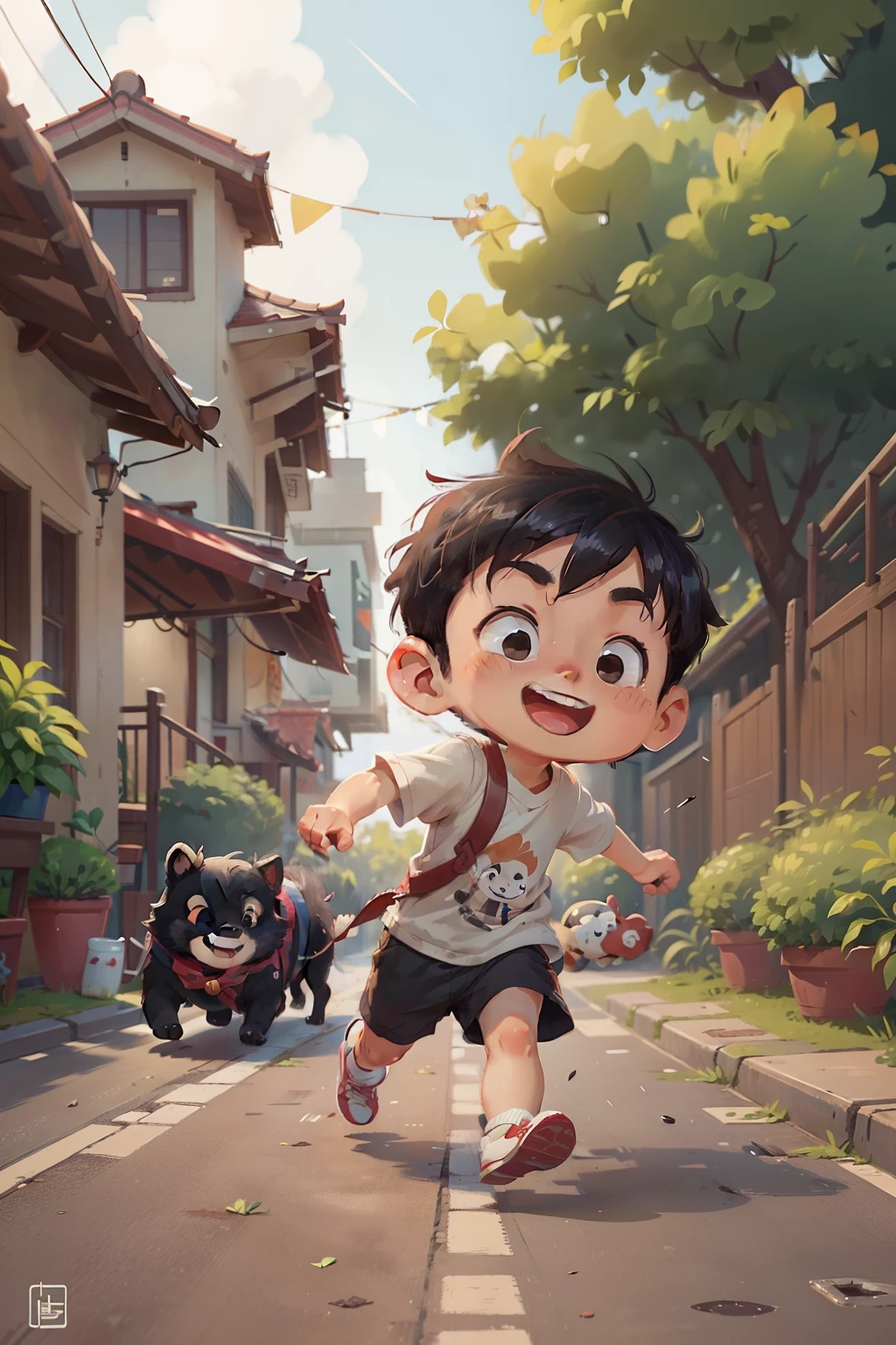 Kun, a small Chinese boy, age 20, short black hair, slanted eyes, smiling, running headlong down the street beside his dog