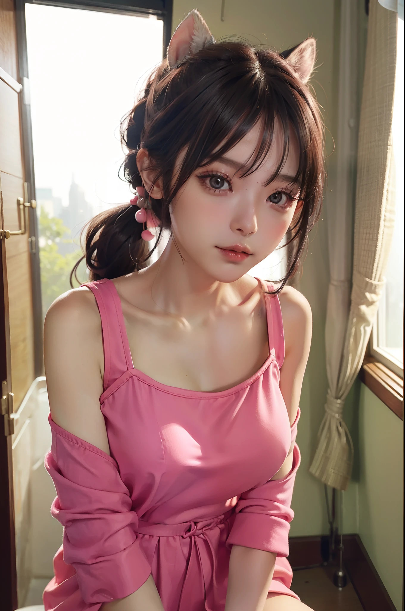 best qualtiy, tmasterpiece, 超高分辨率, (hentail realism: 1.4), RAW photogr, 1girll, mature, Pink top, cinmatic lighting, nakeness, huge tit,