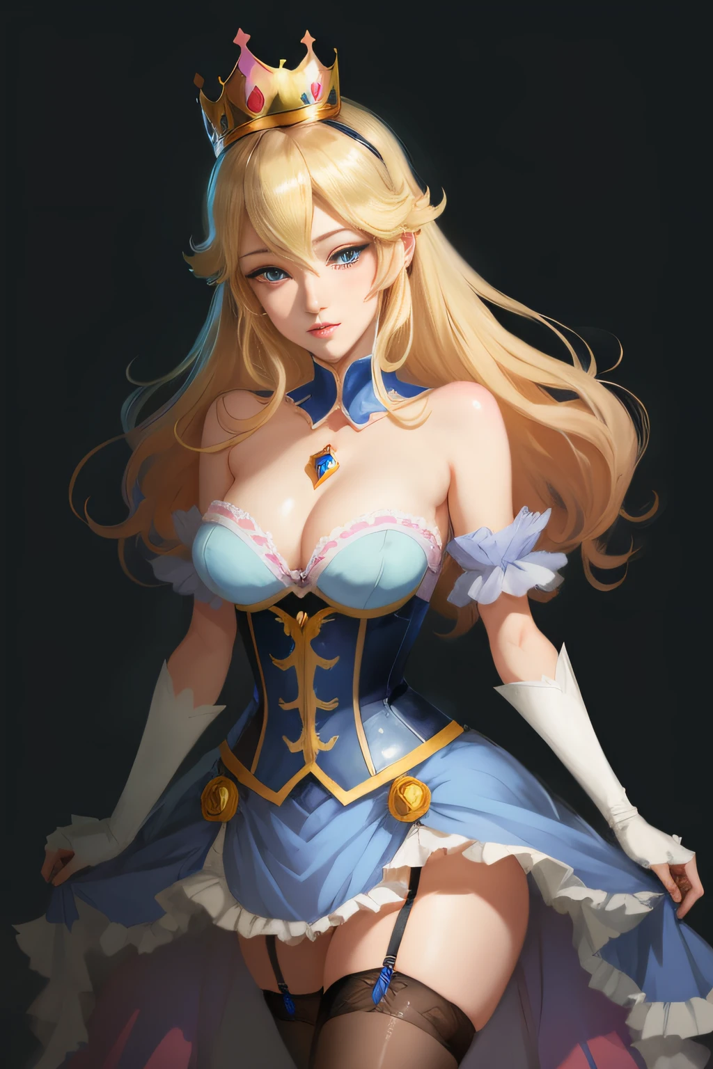 princess peach, blue eyes, Garter, miniskirt, black background, slick, , crown, laced bra, blonde, alluring, seductive, (2d cute anime:1.3), Vixip, pastel background, design by Yusuke Kozaki, oil by Gregory Manchess; stunningly alluring, teasing, beautiful, Hand drawing illustration. highly detailed. Cinematic lighting. By sumic.mic