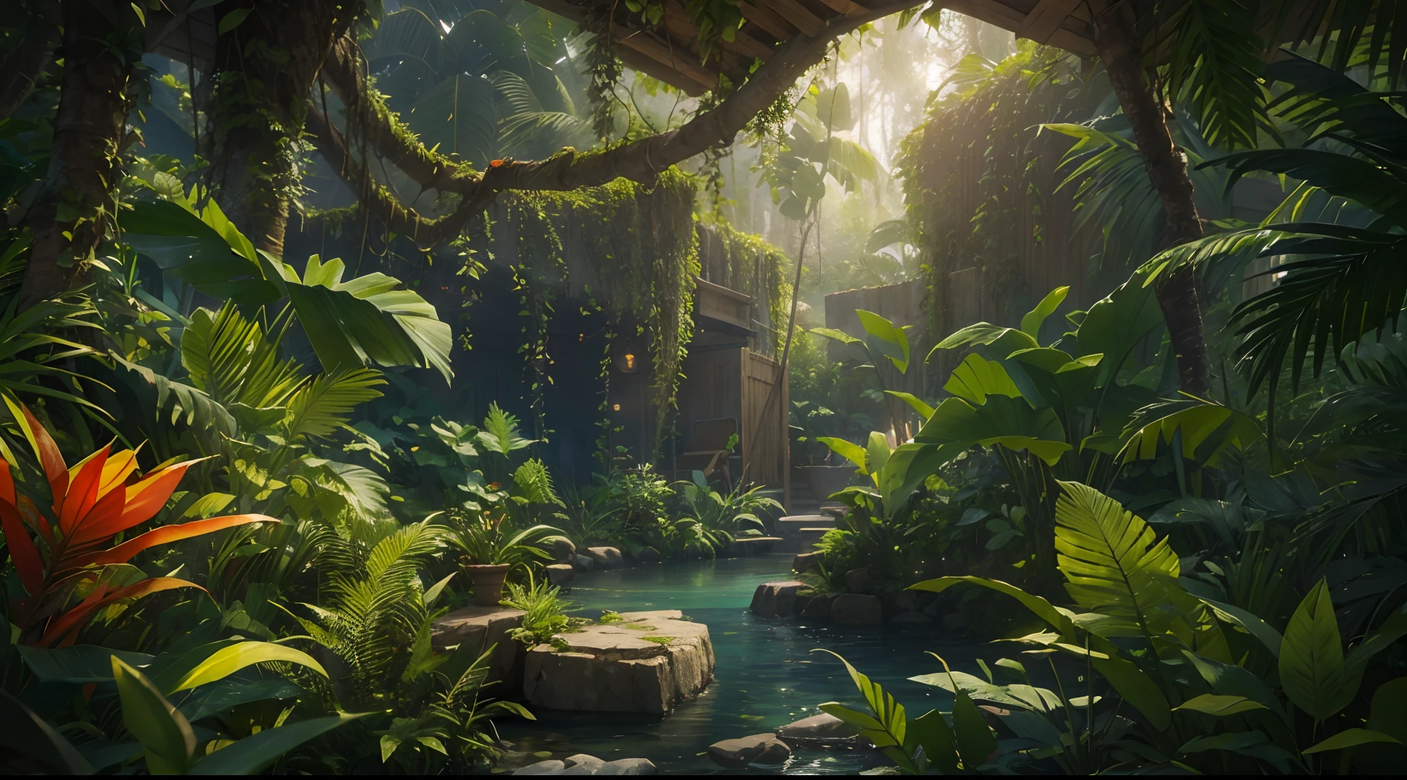 "(by Greg Rutkowski: 1.2), (ultra-detailed CG unity 8k wallpaper, masterpiece, best quality, depth of field, HDR, intricate), A lush and vibrant jungle with diverse plant life, towering trees, and exotic creatures. Immerse yourself in the rich colors and textures of this tropical paradise. Feel the warmth of the sun filtering through the dense foliage. Capture the sense of adventure and mystery that awaits amidst the wild sounds of chirping birds and rustling leaves. Let your imagination run wild in this captivating jungle setting."