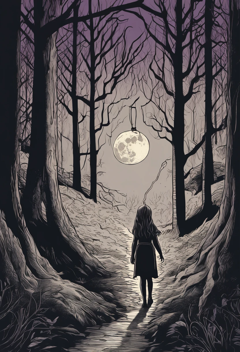 "Generating an intriguing and atmospheric illustration for the cover and back cover of my horror thriller book. The scene is to depict a dense haunted forest at night, where the dim moon casts a pale light over the gnarled, shadowy trees. In the center of the image, a lone figure - the protagonist of the story, a young girl - is seen from the back, walking among the trees with a flickering lantern illuminating her path. The environment around her should suggest a sense of imminent danger and mystery, with shadows stretching out and indistinct elements lurking in the darkness. Colors should be somber and cool, with a focus on palettes of blues, purples and grays to create an eerie and intriguing mood."