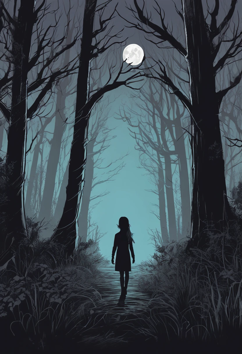 "Generating an intriguing and atmospheric illustration for the cover and back cover of my horror thriller book. The scene is to depict a dense haunted forest at night, where the dim moon casts a pale light over the gnarled, shadowy trees. In the center of the image, a lone figure - the protagonist of the story, a young girl - is seen from the back, walking among the trees with a flickering lantern illuminating her path. The environment around her should suggest a sense of imminent danger and mystery, with shadows stretching out and indistinct elements lurking in the darkness. Colors should be somber and cool, with a focus on palettes of blues, purples and grays to create an eerie and intriguing mood."