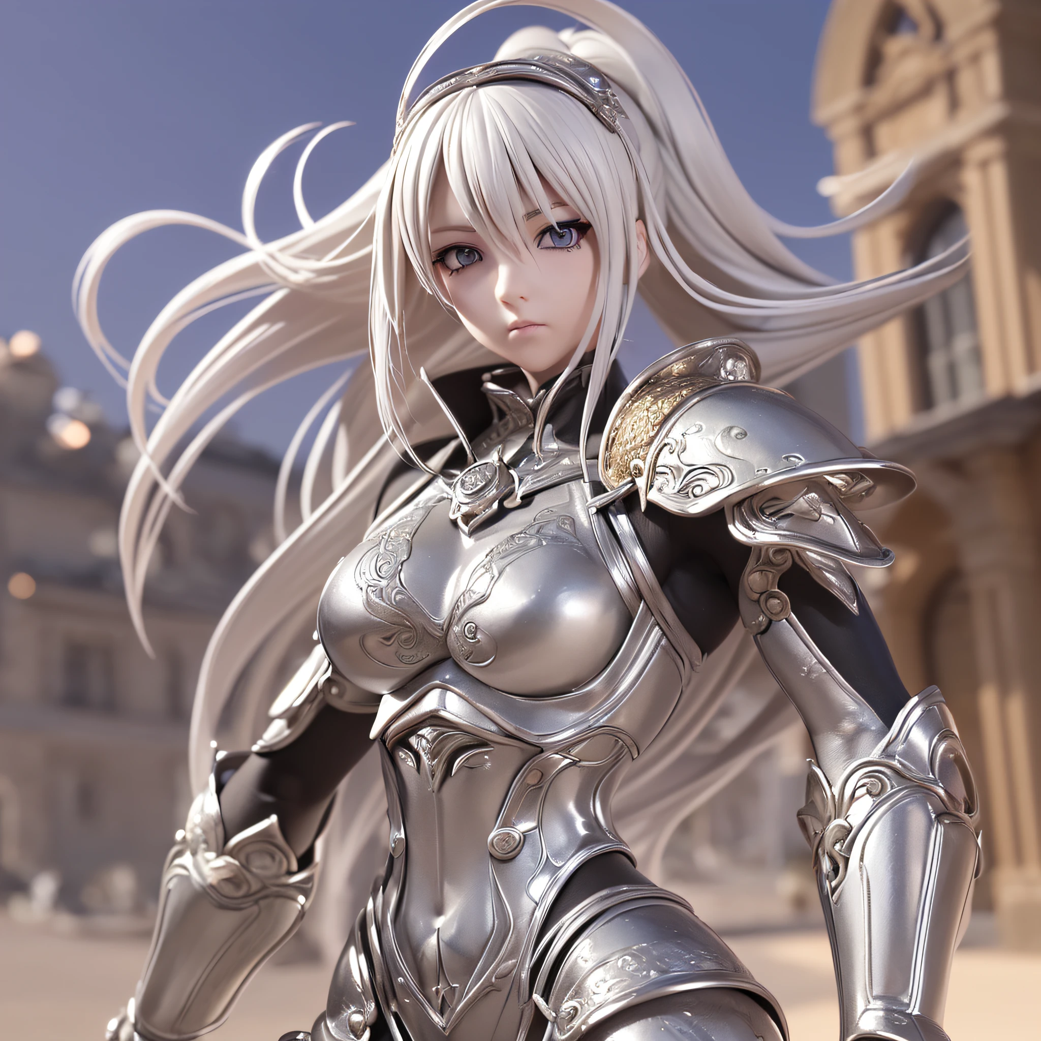 ((3D anime:1.2, Manga Claymore:1.1), best quality, detailed, high resolution, (Mascot:1.3, Clare:1.2) Silver eyes, which shine in situations of intense combat, platinum hair, defined musculature, large sword, intricate design and clothing, medeival city background, (excellent lighting, detailed shadows, dynamic camera angle and pose)
