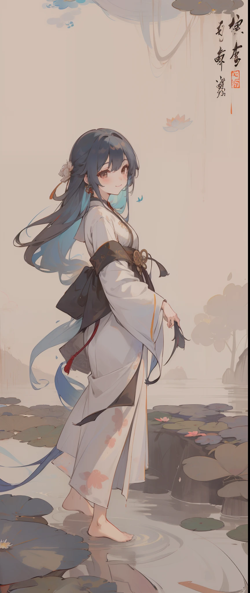 ((4k,masterpiece,best quality)), shuimobysim, traditional chinese ink painting, lotus,  hanfu, maxiskit, dress conservatively
1girl, solo, long blue hair, smile, standing, feet in the water, barefoot,