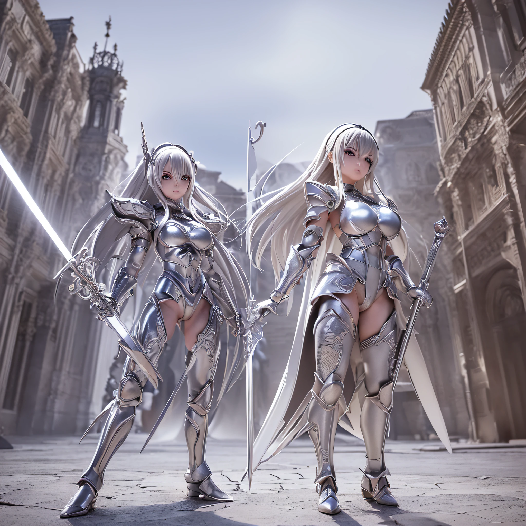 ((3D anime:1.2, Manga Claymore:1.1), best quality, detailed, high resolution, (Mascot:1.3, Clare:1.2) Silver eyes, which shine in situations of intense combat, platinum hair, defined musculature, large sword, intricate design and clothing, medeival city background, (excellent lighting, detailed shadows, dynamic camera angle and pose)