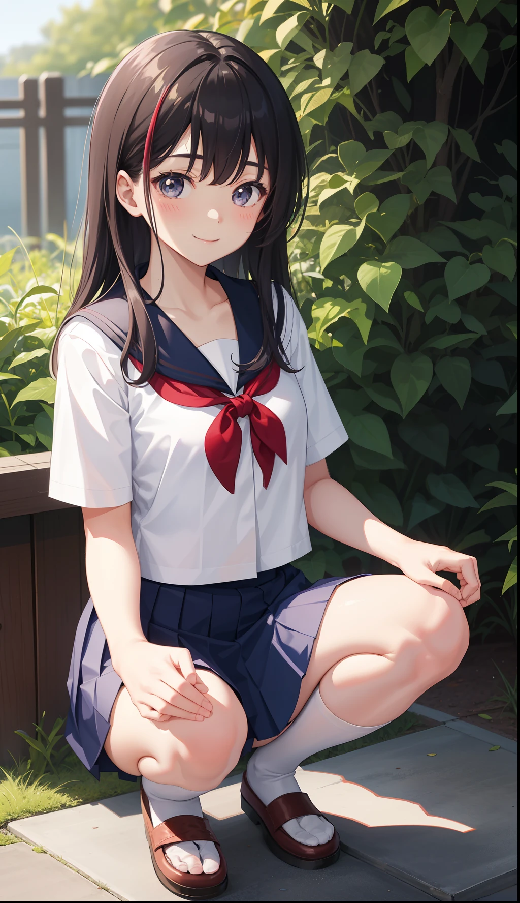 1girl in、AS-Adult、a smile、The shirt、skirt by the、(small tits)Chilarism、Japan High School Student Uniform、serafuku、summer clothing、(Sheer Bra)、Upper body portrait、the wind、Squatting panchira、