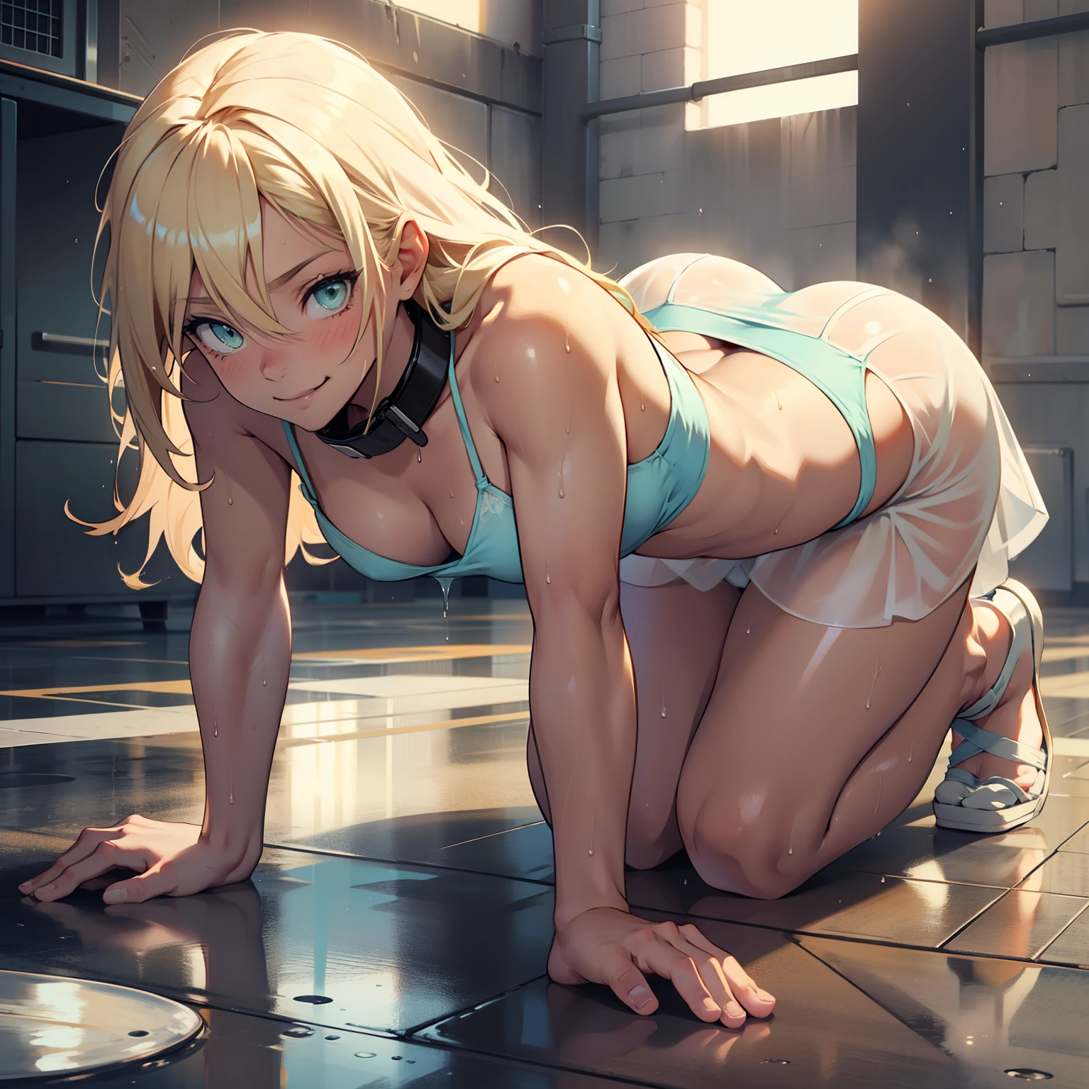 girl with,Get on all fours、Pose with your legs spread,Your butt is facing you,Looking back,Feminine body,Has male genitalia,Male genitalia are emphasized,Sexy underwear wearing,Blue and white sexy prom dresses,Wearing a collar,a blond,The long-haired,Do not tie hair,Green eyes,breasts are small,Shy look,Wet,Puddles on the floor,Wearing sweat,ssmile,The floor is wet