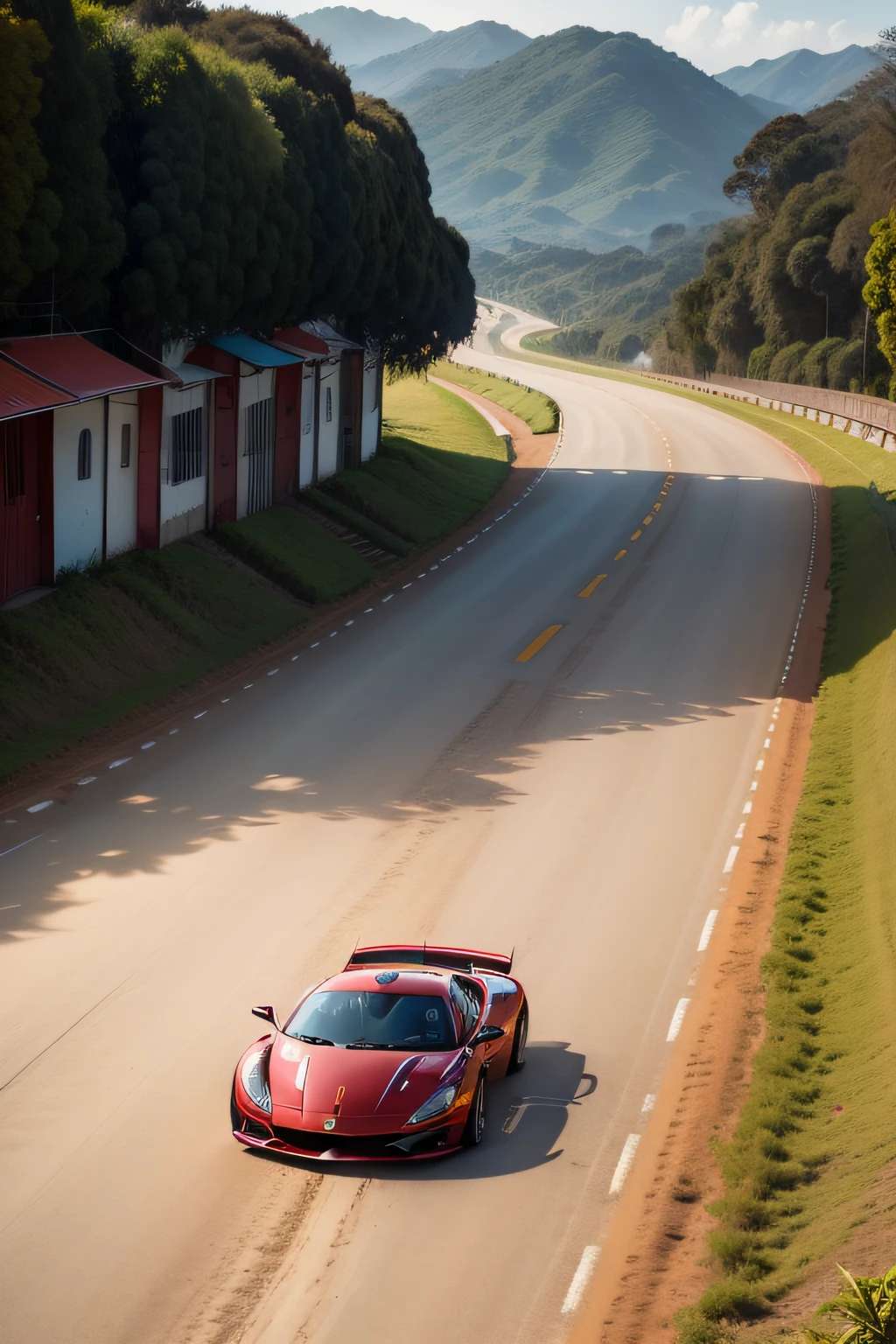 um ferrari vermelha indo numa estrada deserta