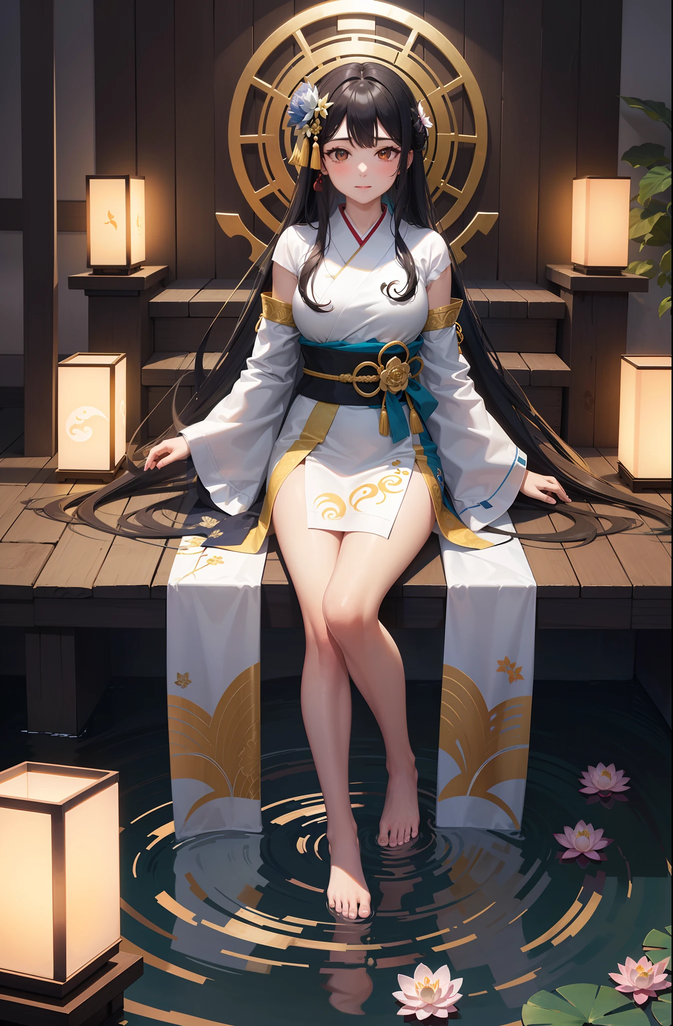 "Visualize a captivating wallpaper adorned wit? a meticulously crafted pattern of iconic Japanese symbols, each layer contributing to a rich and harmonious tapestry.

Cereja, delicate and ephemeral, flutuar pela tela, evocando a beleza e a transitoriedade da vida. The torii gate, Um portal sagrado, Fica alto, symbolizing the boundary between the spiritual and physical worlds.

Elegant kanji characters intertwine in the design, cada personagem com significado profundo. "ay (de) representa harmonia e unidade, 'Valente' (Yuu) encarna a coragem, e 'Paz' (heathen) significa paz.

Sob um sereno, moonlit sky, a red solar disk or '日' (Oi) Irradia, representing hope and new beginnings. Bamboo stalks are strong and flexible, symbolizing resilience and adaptability.

Uma lagoa tranquila espelha os arredores, its surface adorned with a water lily;;, or 'lotus' (UAU), signifying purity and enlightenment. Koi fish swim amid lotus flowers, embodying transformation and perseverance.

Guindastes dourados levantam voo, suas asas simbolizando longevidade e boa sorte. The silent sound of a temple bell or '鐘' (Kane) Ressoa, bringing mindfulness and inner peace.

A paleta de cores combina perfeitamente azuis suaves, Rosas Macias, e verdes terrosos, invoking a sense of calm and connection to nature. This wallpaper pattern is an intricate mosaic of Japanese symbolism, convidando-o a explorar as camadas da cultura, wisdom, e beleza que eles possuem."