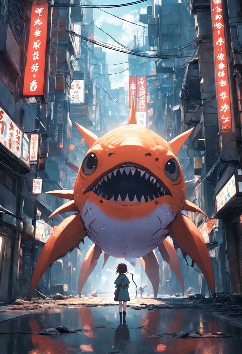 Best Quality, masutepiece, Ultra-high resolution, Super huge and violent (Anthropomorphic fish) The Monster, Luminous Eyes, broken streets, Broken city, Gravel-covered ground, Broken sign, Japan Invaders, 8K, Natural light surreal science fiction scene, From the point of view of the lowest layer (光影效果),(depth of field effect),(Tyndale),(Optical particle tracking),(nffsw),(Horror Movie Lighting Visual Effects),(Volumetric lighting),(Bright colors),