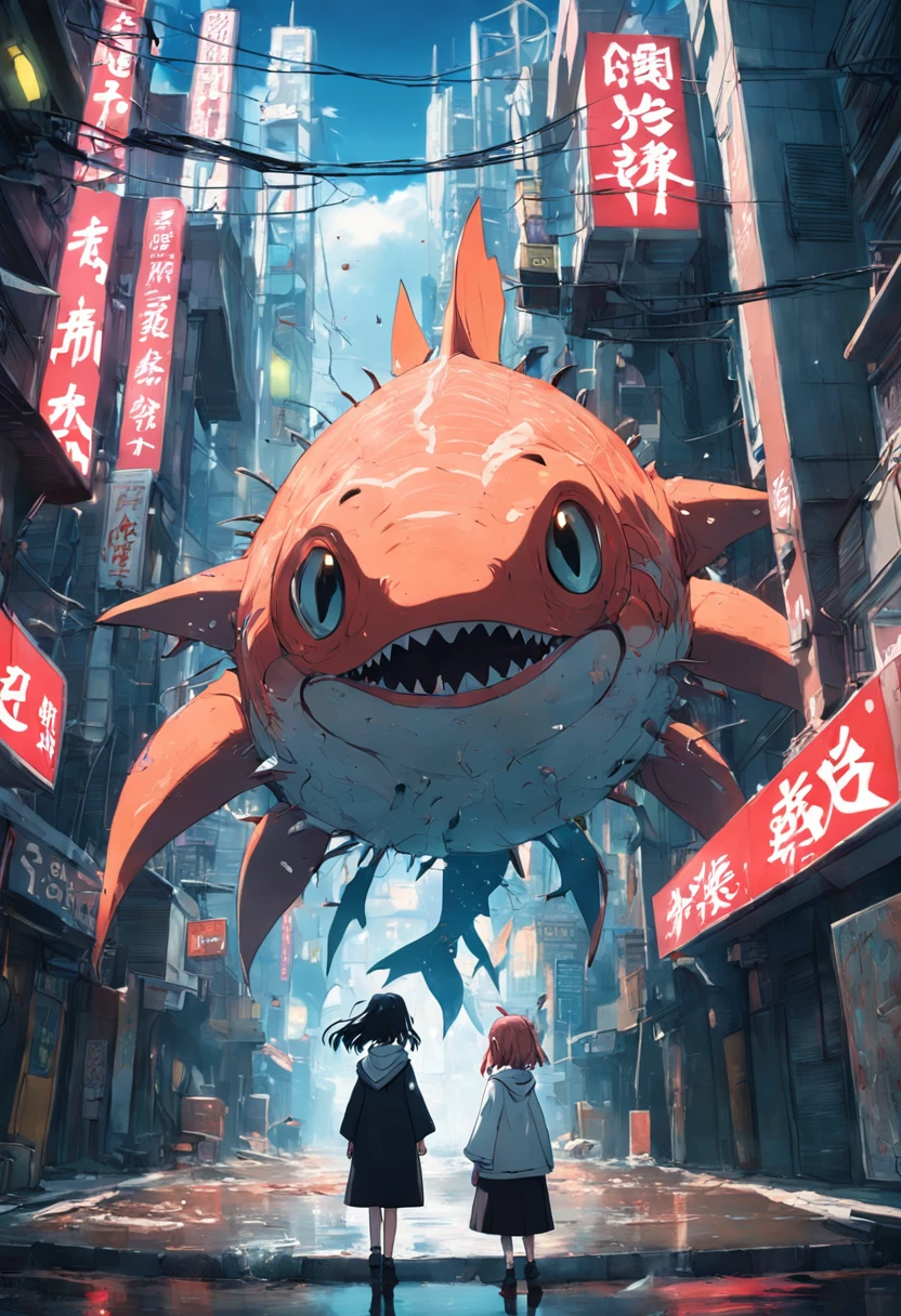 Best Quality, masutepiece, Ultra-high resolution, Super huge and violent (Anthropomorphic fish) The Monster, Luminous Eyes, broken streets, Broken city, Gravel-covered ground, Broken sign, Japan Invaders, 8K, Natural light surreal science fiction scene, From the point of view of the lowest layer (光影效果),(depth of field effect),(Tyndale),(Optical particle tracking),(nffsw),(Horror Movie Lighting Visual Effects),(Volumetric lighting),(Bright colors),