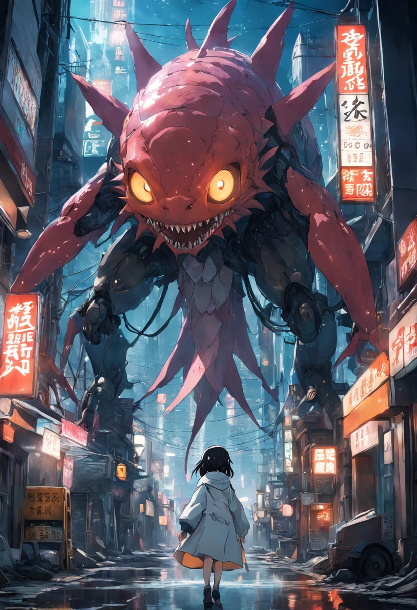 Best Quality, masutepiece, Ultra-high resolution, Super huge and violent (Anthropomorphic fish) The Monster, Luminous Eyes, broken streets, Broken city, Gravel-covered ground, Broken sign, Japan Invaders, 8K, Natural light surreal science fiction scene, From the point of view of the lowest layer (光影效果),(depth of field effect),(Tyndale),(Optical particle tracking),(nffsw),(Horror Movie Lighting Visual Effects),(Volumetric lighting),(Bright colors),