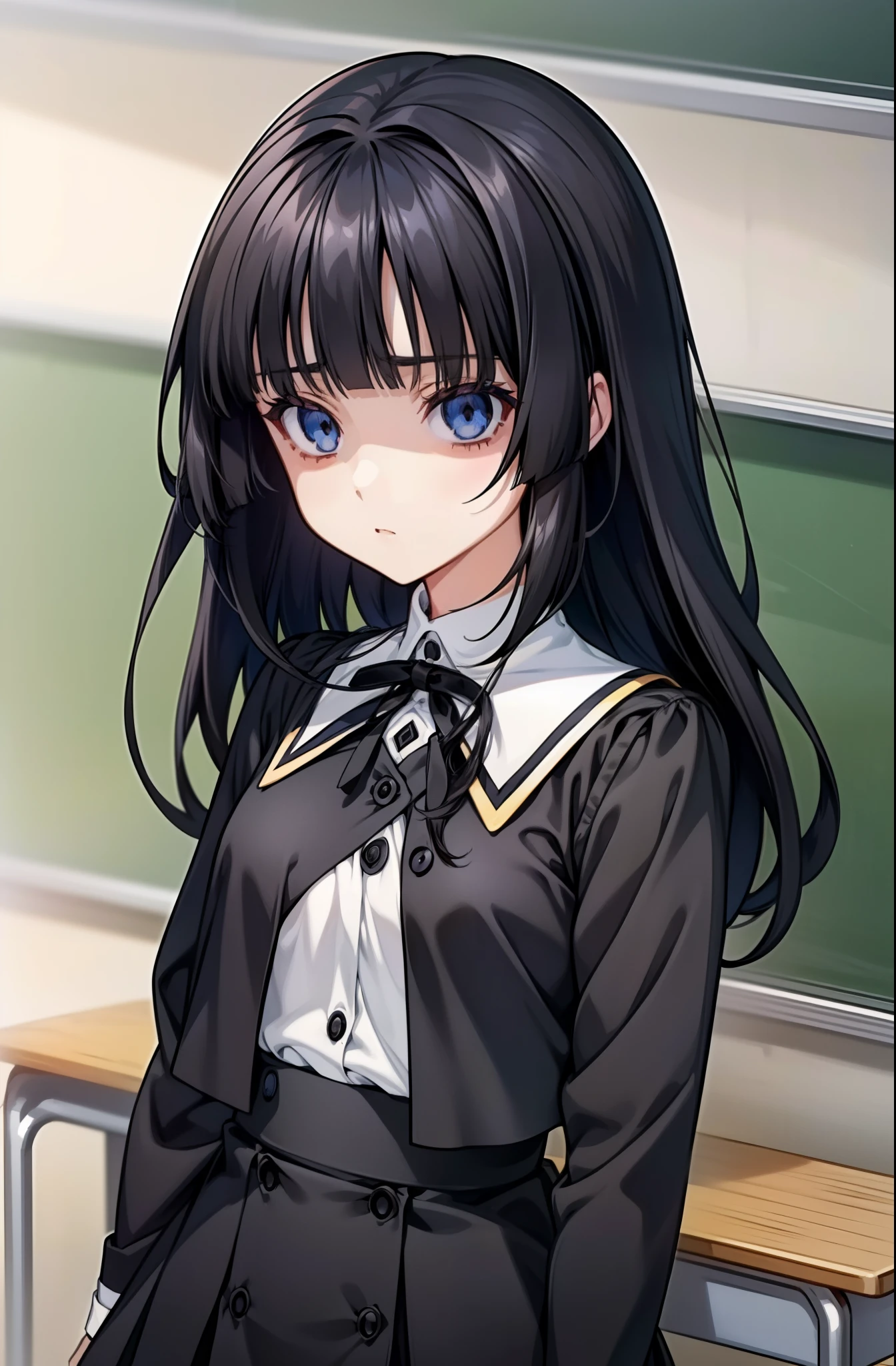 solo, (((anime girl with straight black hair))), (((straight hair))), ((hair covering eyes)), ((flat bangs)), (blank blue eyes), ((blank expression)), ((expressionless)), (((flat chest))), school uniform, skirt, shadows over eyes, ((classroom in background)), ((high quality)), (extremely detailed)