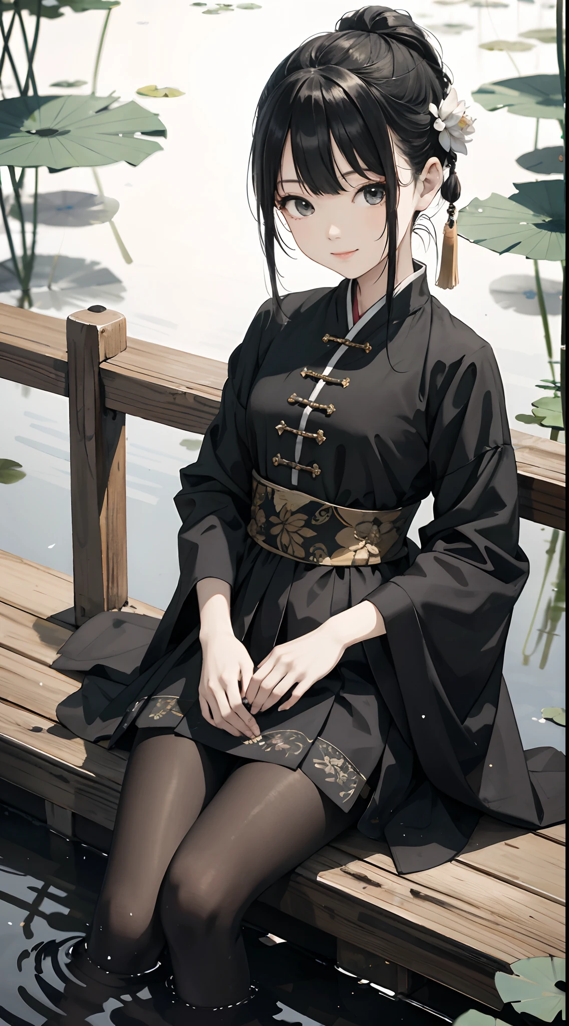 hoang lap,8K high resolution,ultra - detailed,(1girll:1.3),handpainted,Simple lines,16-year-old girl wearing black Chinese clothing,beuaty girl,In the lotus pond,tmasterpiece,Sit on a plank floating in the water,Floating hair,black pantyhoses,black pantyhoses,looking toward the viewer,ssmile,posed for photo,
