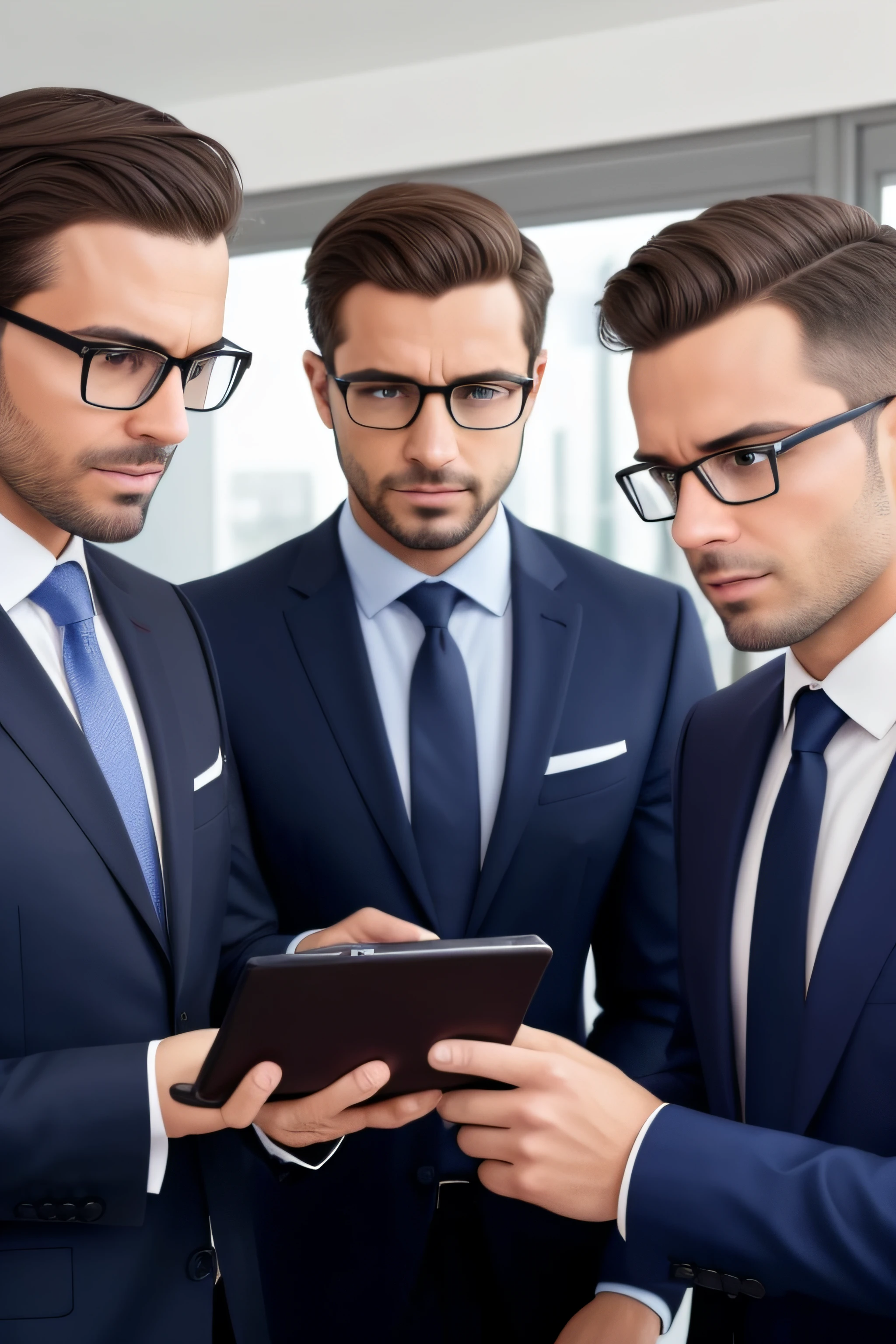 Three men in suits are looking at a cell phone, Businessmen, smart looking, wearing a suit and glasses, Imagem absolutamente excepcional, molecular, retrato de alta qualidade, arte em alta, celular
