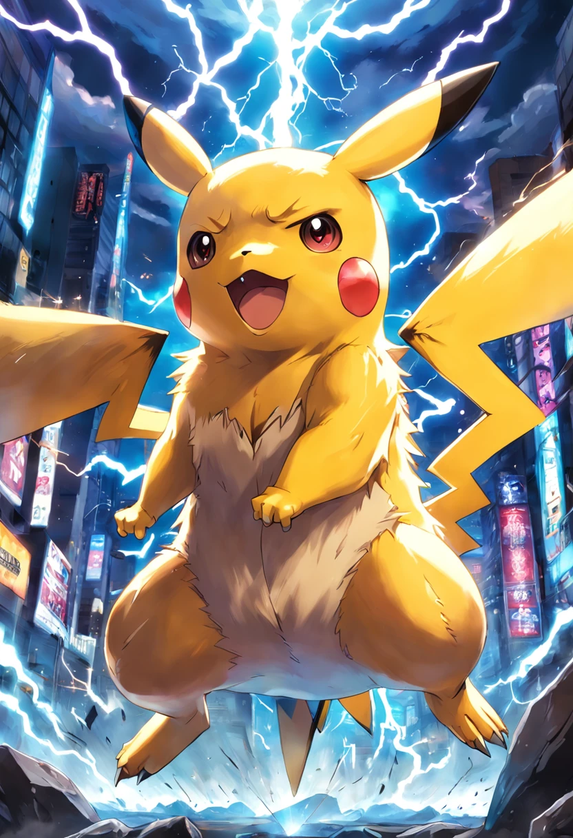 a highly detailed illustration of Pikachu wearing his thunder shock, qualidade excepcional, dinamic pose, Pokémon gym scenario, estilo de desenho hiper-realista, lighting dramatic, efeitos de choque.