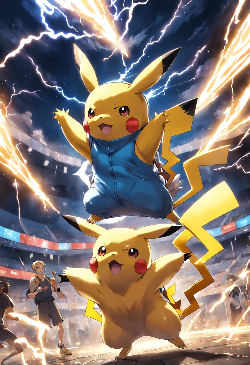 a highly detailed illustration of Pikachu wearing his thunder shock, qualidade excepcional, dinamic pose, Pokémon gym scenario, estilo de desenho hiper-realista, lighting dramatic, efeitos de choque.