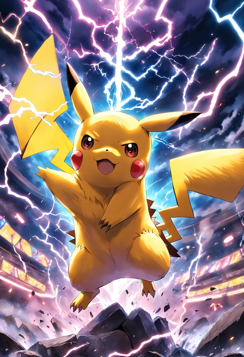 a highly detailed illustration of Pikachu wearing his thunder shock, qualidade excepcional, dinamic pose, Pokémon gym scenario, estilo de desenho hiper-realista, lighting dramatic, efeitos de choque.