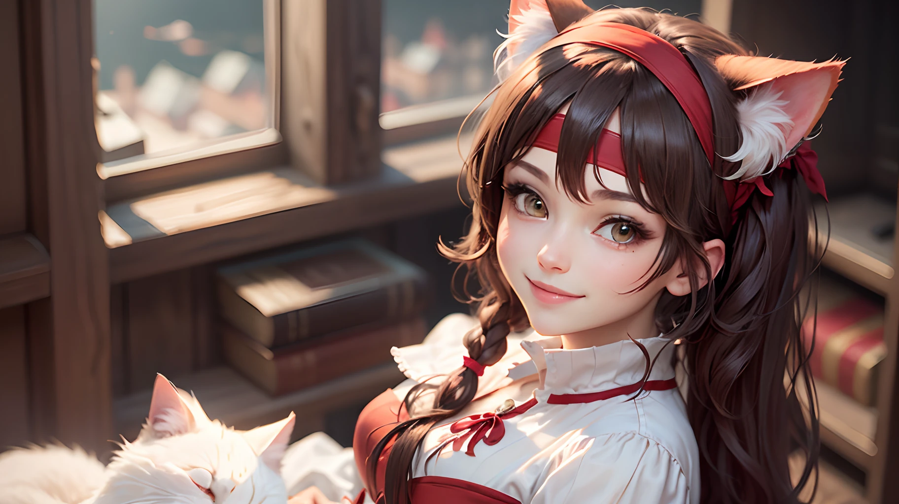 female character, cat ears, pigtail hair, dark brown hair, (((red headband))), classic pink and white clerical outfit, sweet smile, thin, d&d style --auto --s2
