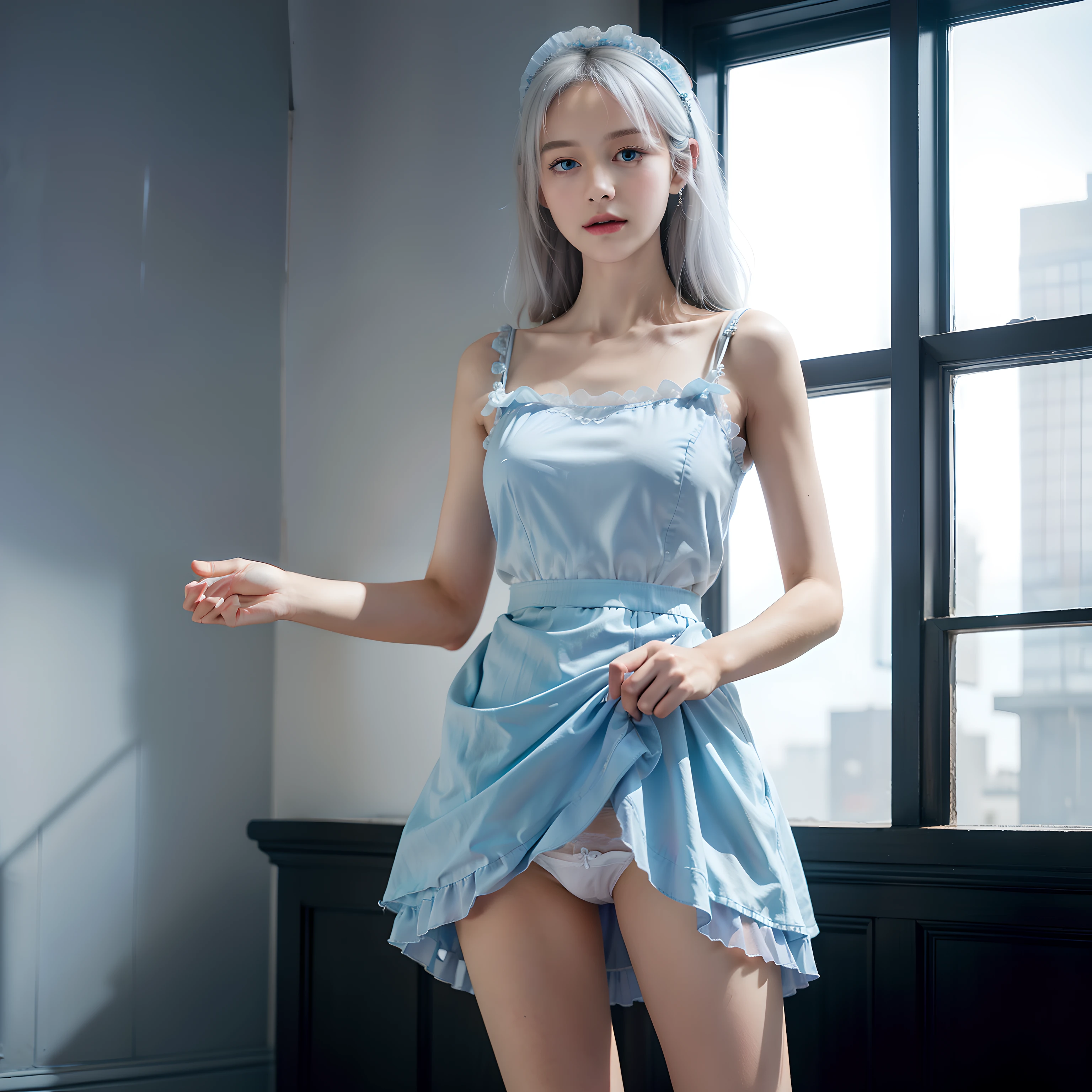 (masterpiece:1.2), best quality, highres, original, extremely detailed wallpaper, perfect lighting,(extremely detailed CG:1.2), 8k, 1 girl, solo, white hair, blue eyes, lightblue maid dress, {shiny|detailed}dress, (lift the skirt:1.24), ({detailed|delicate}panties:1.4), full-body, school ground, frontal