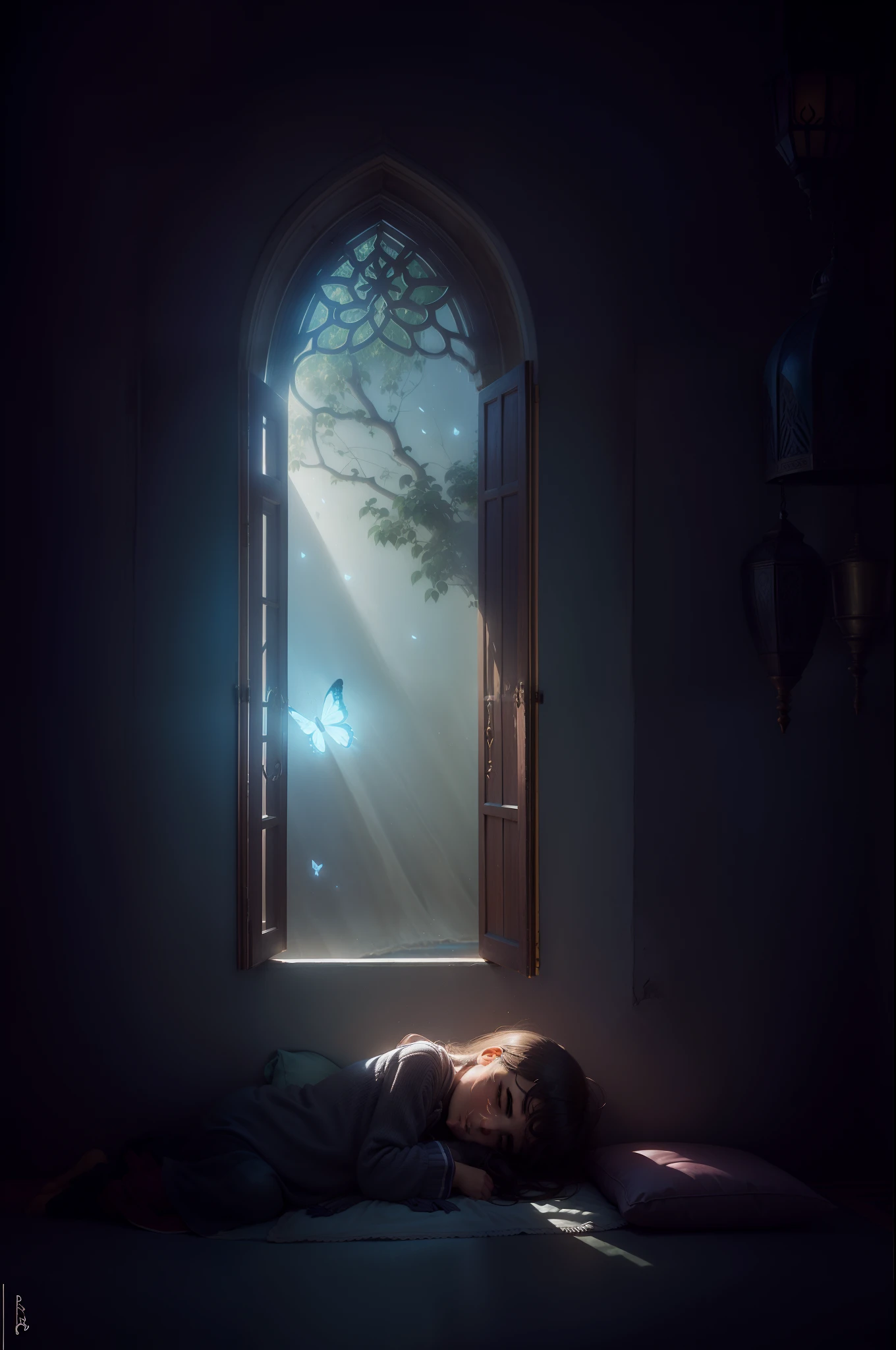A girl sleeping next to a Moroccan window through which a ray of moonlight enters and a butterfly shines in the dark