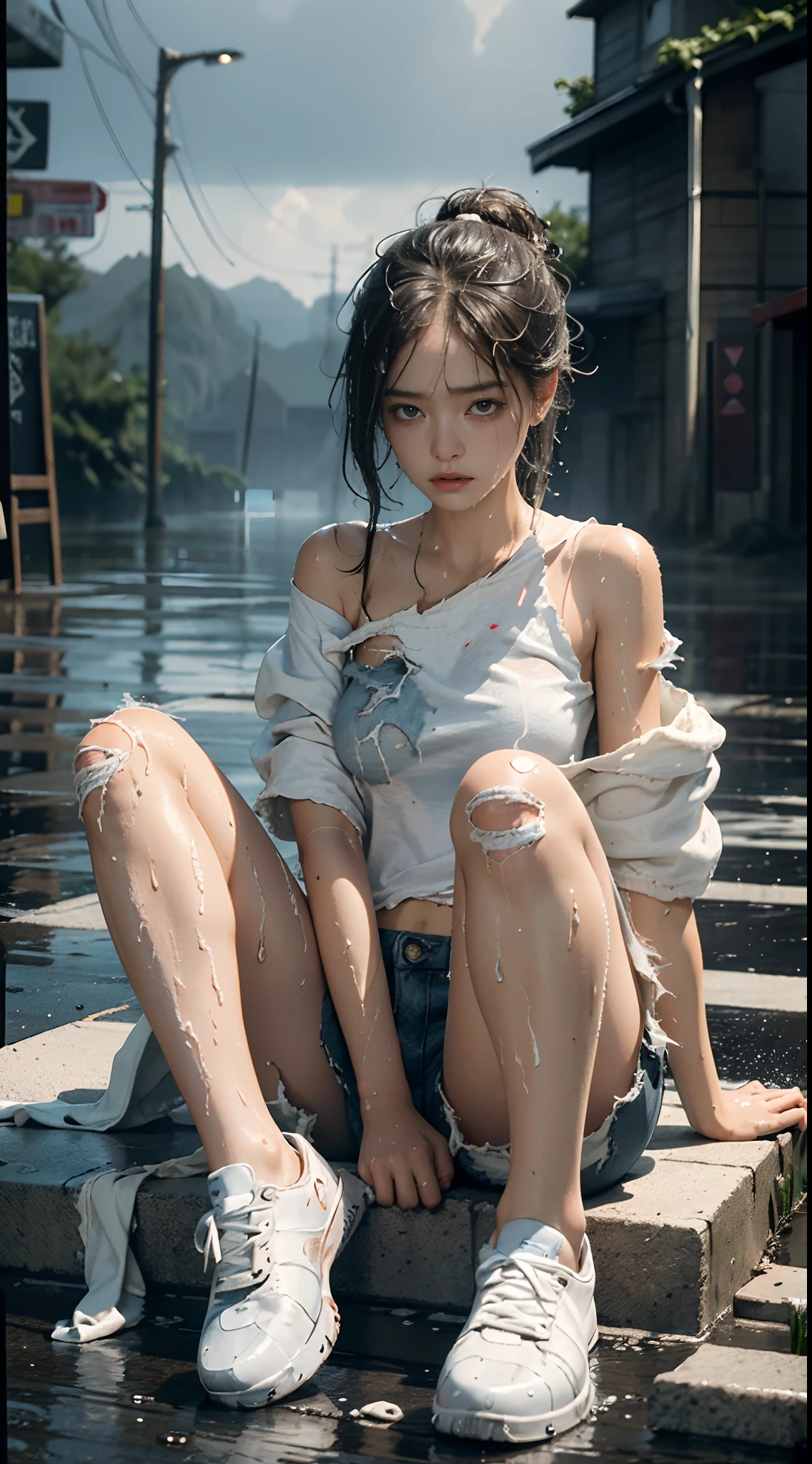 best image quality, masterpiece, super high resolution, (fidelity:1.4), photo, 1 girl, white shirt, torn jeans, white sneakers, dim, darkness, despair, pity, poor, movie, tears, teardrops, (torn clothes:1.5), (wet clothes:1.4), bare shoulders, real rain, wet hair,..