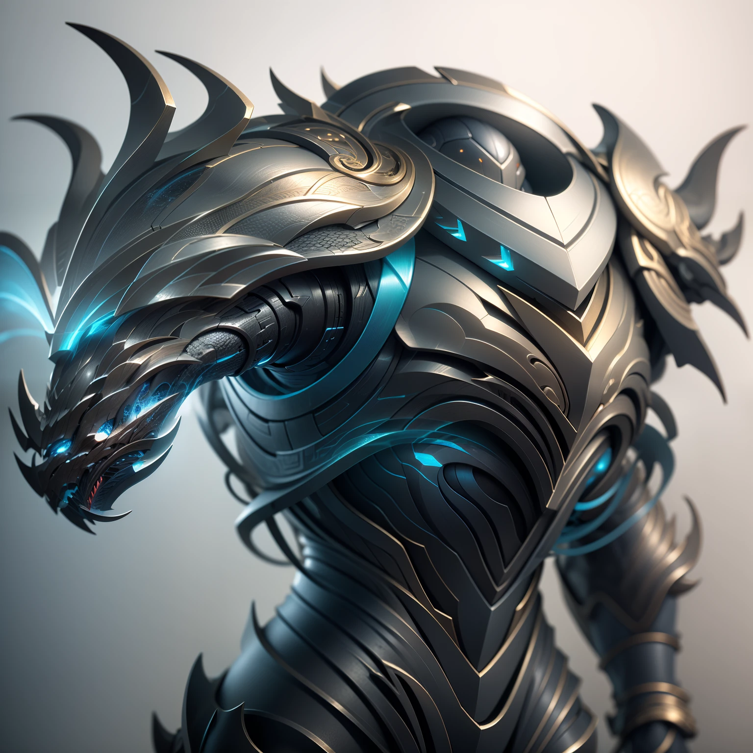 Futuristic dark dragon suit with helmet, Man, There's something futuristic on it, full bodyesbian, trending on artstationh, Highly detailed, by WLOP, Sharp focus, studio photo, Intricate details, Beautiful lighting