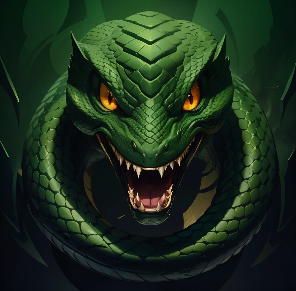 Illustration of snake face,Fierce eyes,Sharp scales,Elongated and hovering body,Two elongated fangs,Thick lines,Vector graphics,中景 the scene is