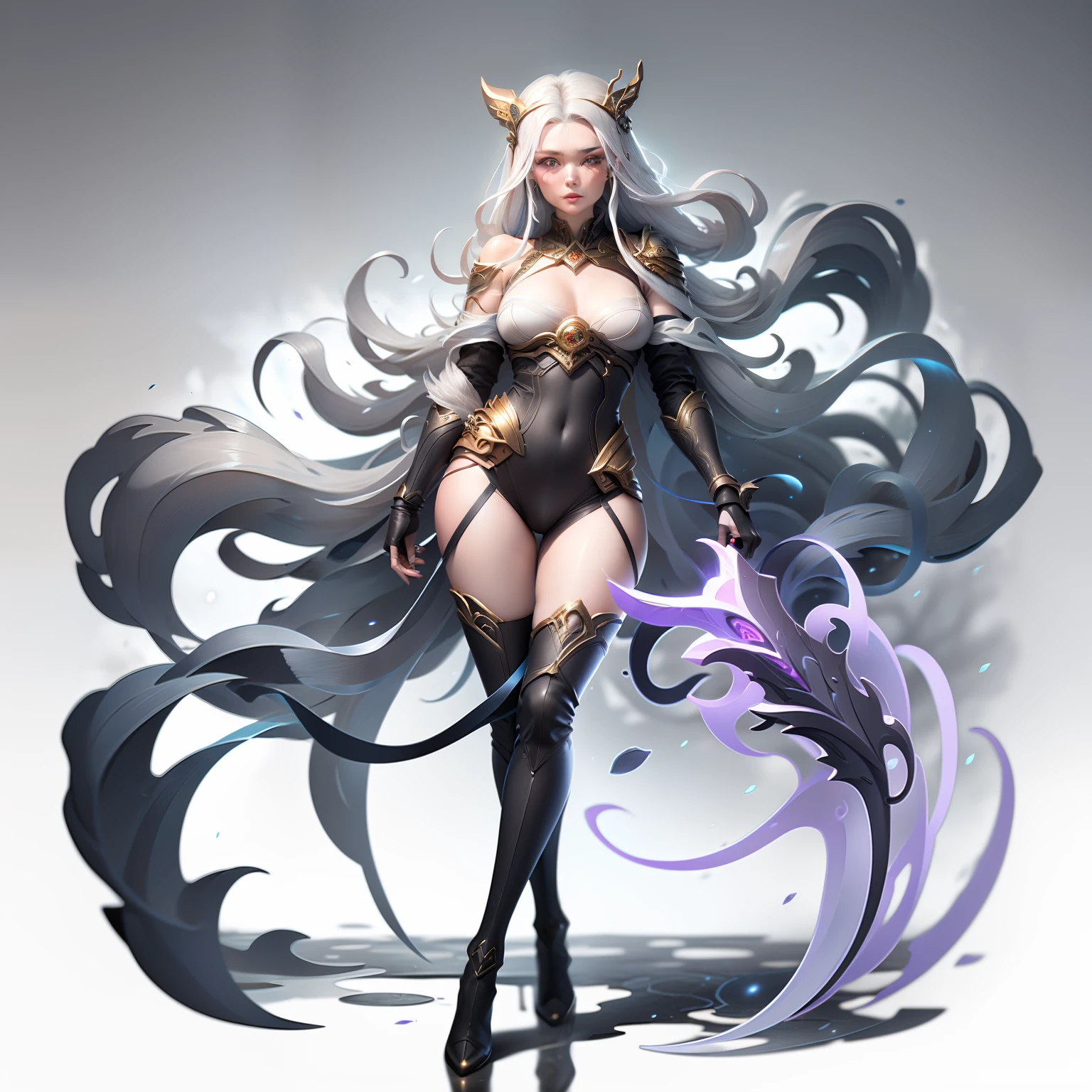 Aconidin, Red iris, Gray Hair creates amazing portraits of beautiful women in futuristic settings. She stands against the backdrop of a mysterious city,Be embraced by a light that is fuller than the stars, Represents prosperity. Her porcelain skin glows, Exudes ethereal beauty. Her long, Flowing white hair, Pure as freshly fallen snow, Pouring down her shoulders and bust, Emphasize her grandeur. Over-the-knee boots stockings lying on a tree . Fantastic eyes